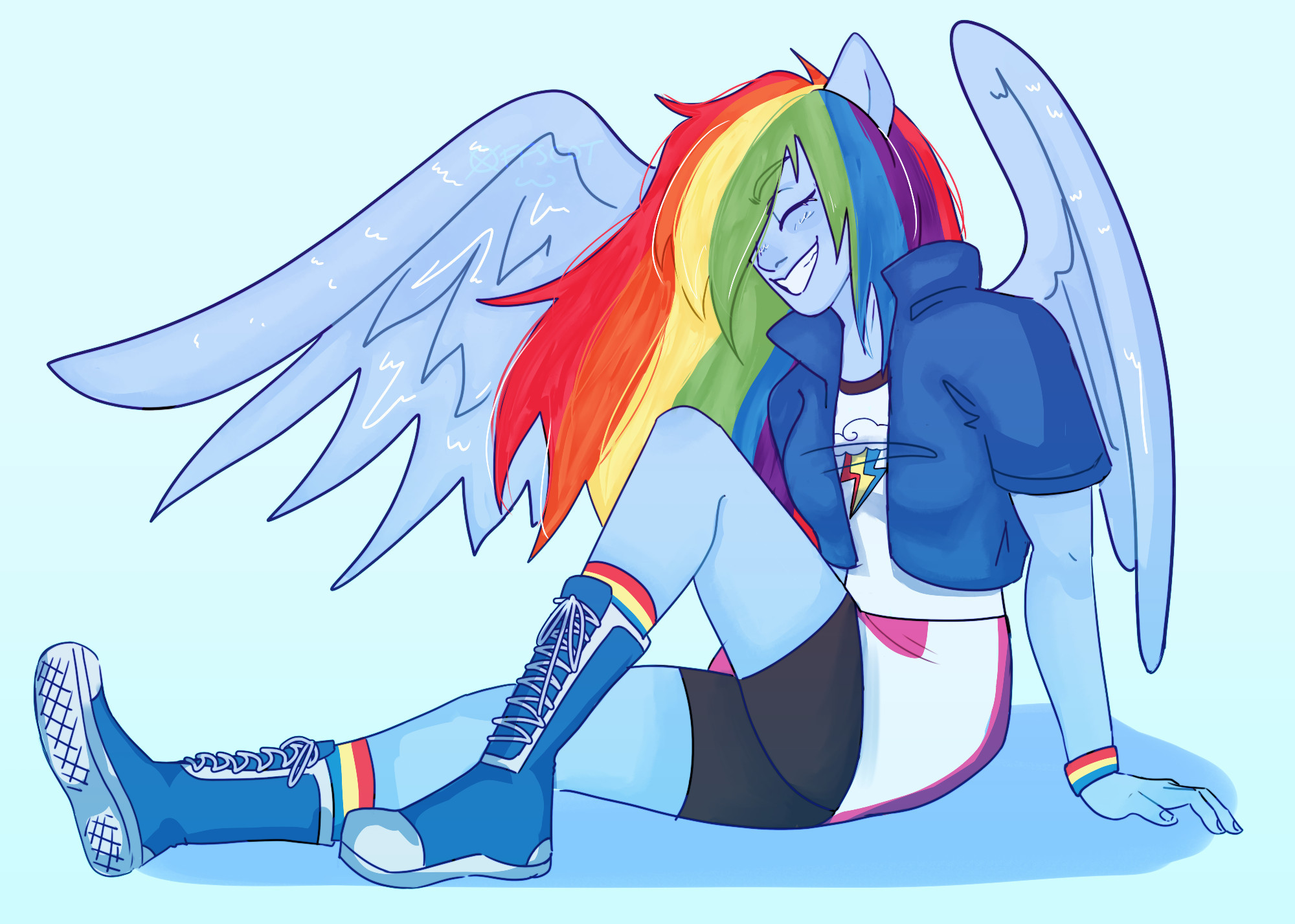 An illustration of Equestria Girls Rainbow Dash. She is a teenage girl with blue skin and long, rainbow hair that covers half of her face. She has a pair of blue wings, one outstretched and the other slightly curved. She is wearing a pair of long, knee-high converse, black shorts, a pink and white skirt, a white shirt with a rainbow and cloud decal, and a short sleeved blue jacket. Her socks, and a wristband on her visible hand, are rainbow. She sits on the ground, her right leg outstretched and her left leg pulled up with her knee to her chest. She is grinning, her eyes closed.