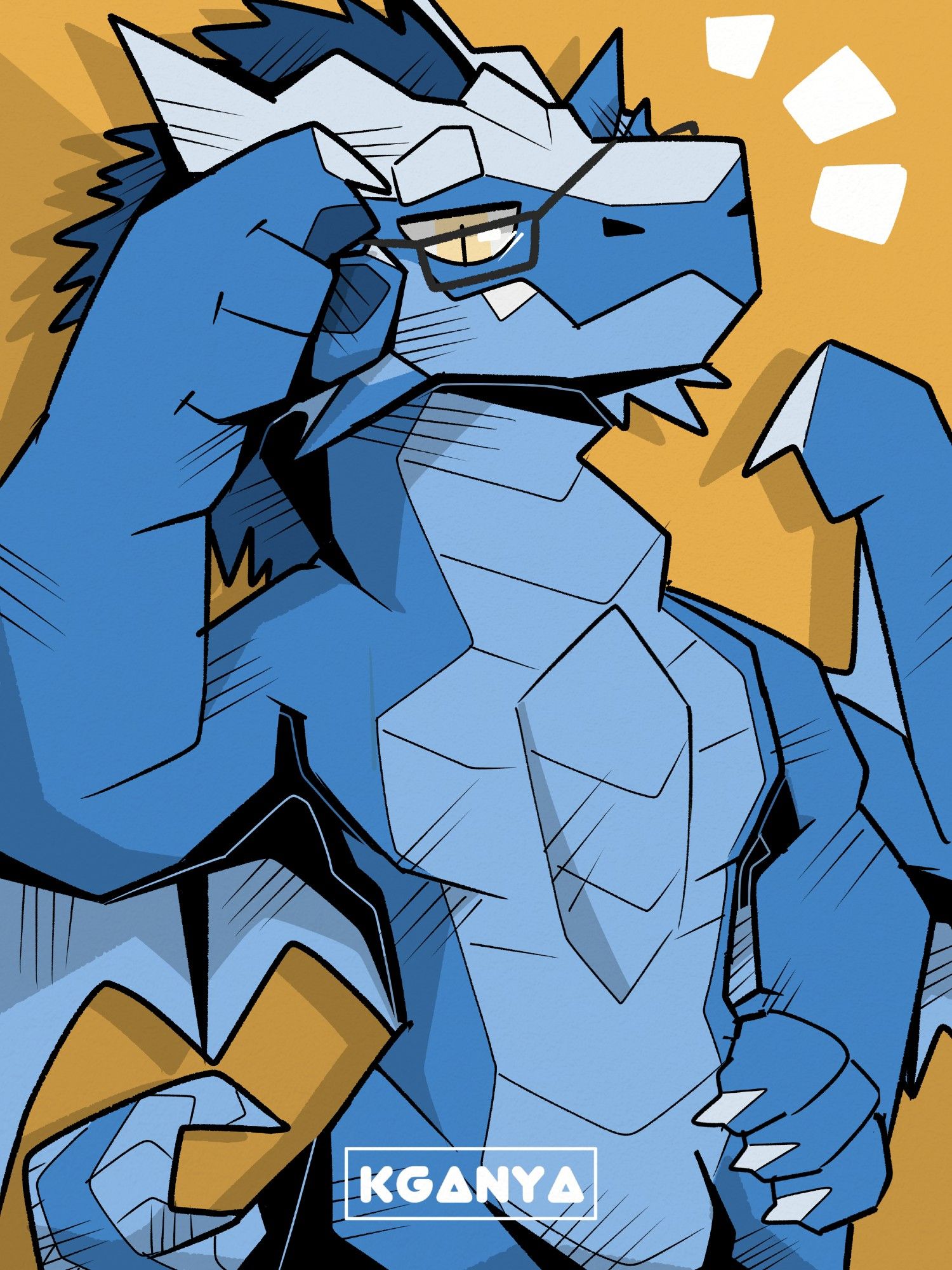 A stylized blue dragon (Curus) looking side on towards the viewer, adjusting a pair of rectangular glasses.