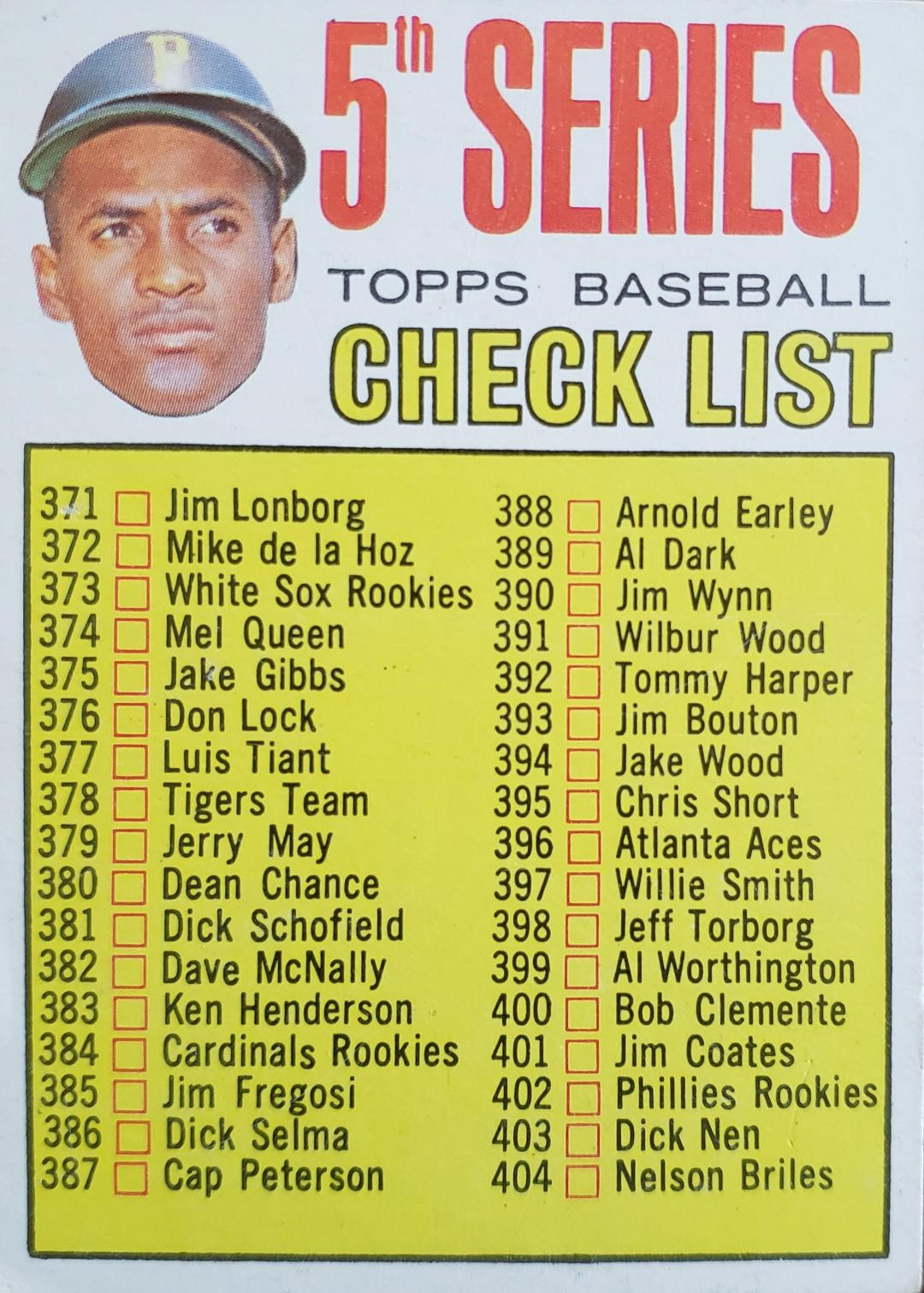 1967 Topps card of the checklist for the 5th series of the set, featuring a floating head of the Pirates' Roberto Clemente at the top left.