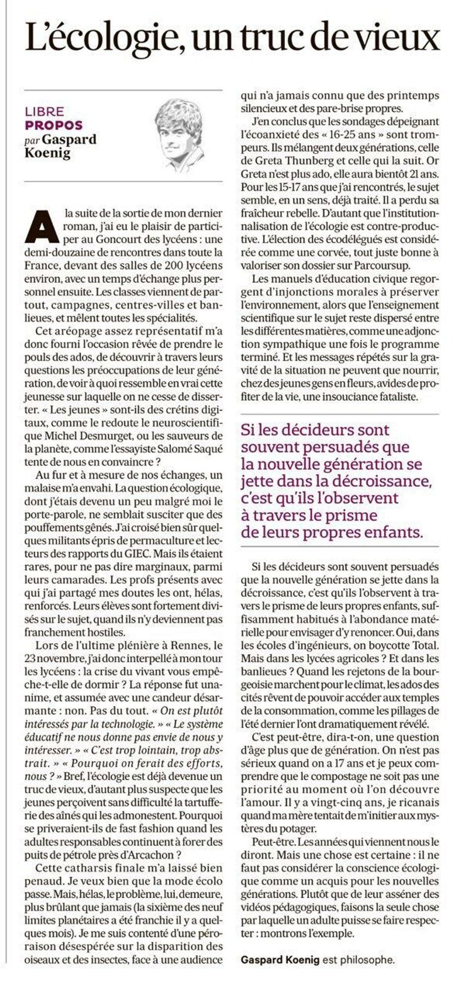 Capture d'écran d'un article  Les Echos écrit par Gaspard Koenig. Lien https://www.lesechos.fr/idees-debats/editos-analyses/lecologie-un-truc-de-vieux-2039423