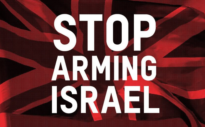 Text 'Stop Arming Israel' set against a darkened UK Union flag.