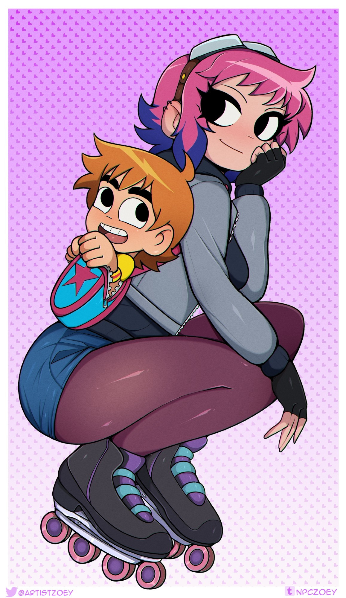 A print of Scott and Ramona with a background of hearts. Ramona is in her rollerblades, while Scott pokes his head out of her bag and looks up at her lovingly.