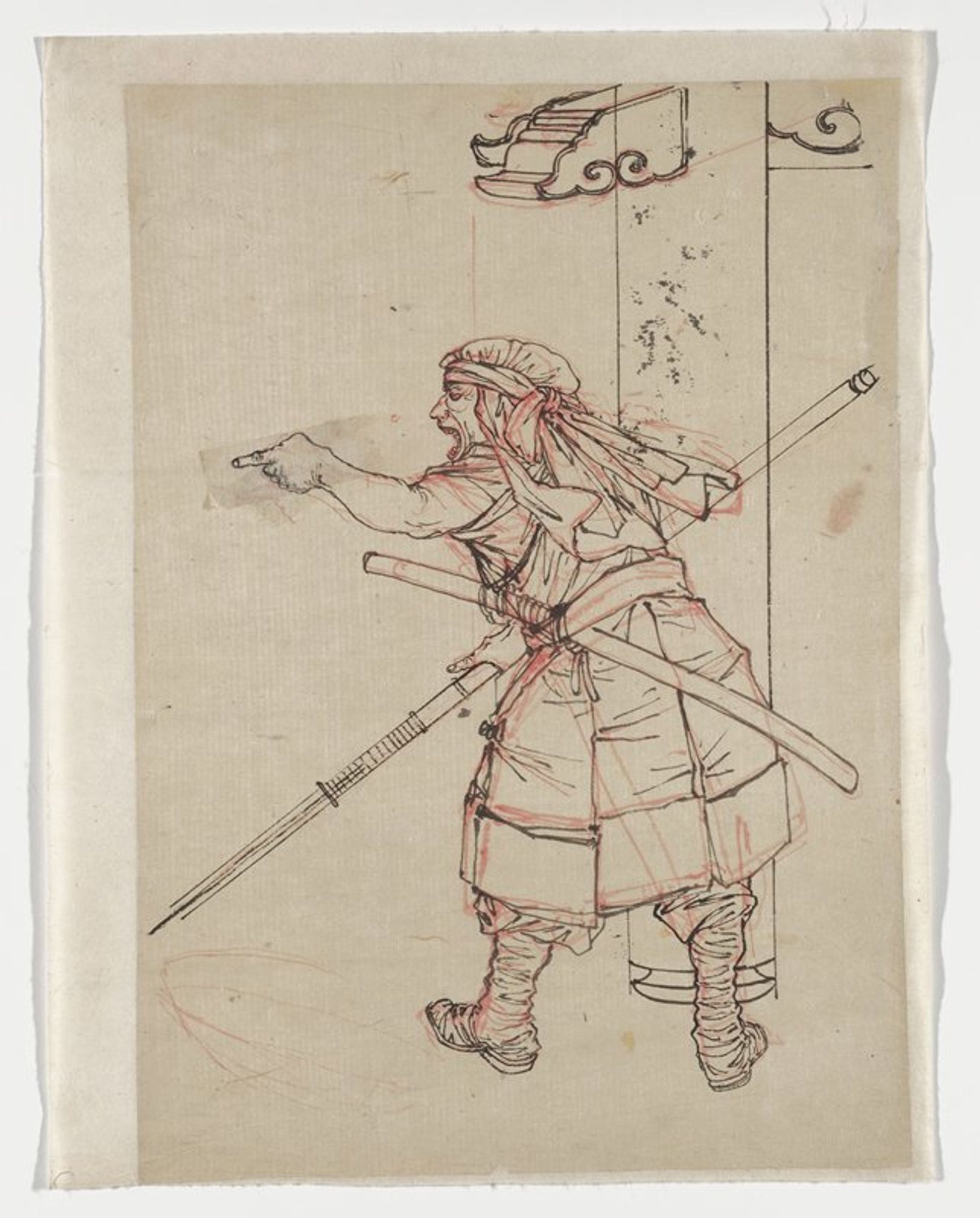 drawing in black and red; standing figure seen from back, pointing with PL hand, with open mouth and face in profile from PL; man is wearing a sleeveless red garment, boots, and a head scarf; man holds a spear; column in background at right; attached to off white mount sheet
The text by Takabatake Ransen, a writer of light prose as well as a journalist, explains that the person pictured is the high priest Kōmyō (Kōmyō-ajari), who supposedly lived at the end of the 1100s. Kōmyō was a follower of the general Minamoto Yoshinaka (1154–1184) and fought with him against the rival Taira clan. Notice the changes and choices Yoshitoshi made in the design process. The red ink indicates the first draft, and there the lance is sketchy. The preparatory drawing also includes an element of some sort in the bottom left corner that Yoshitoshi later discarded. The black ink came next and completed the design.