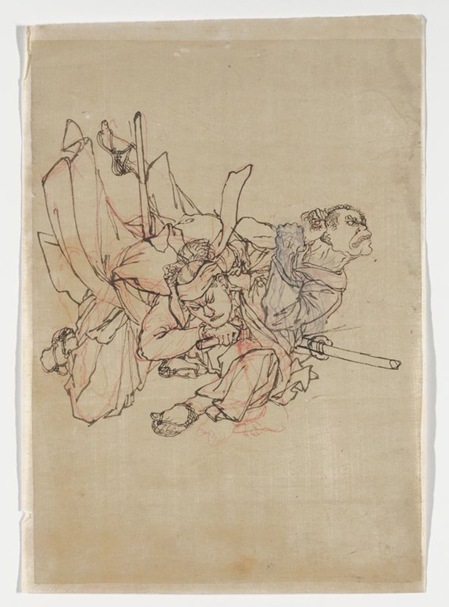 ink drawing in black and red; two men fighting; man at left falls forward, grabbing the hair of man at left, who is falling backward; attached to off white mount sheet
Sumoto Sakyō (the figure on the right wearing the light yellow jacket) was a participant in the Shimabara Rebellion (1637–38), an uprising in southern Japan against drastic tax increases and the prohibition of Christianity. This was the largest civil conflict during the Edo period (1603–1868), and the rebel forces of around 30,000 men, most of them peasants, were defeated by an army of 125,000 soldiers sent by the Tokugawa shogunate. The red underdrawing reveals that Yoshitoshi was originally thinking of positioning Sakyō’s feet in the front in a different way. Even greater deliberation went into the design of his left hand, which is trying to remove the grip of his opponent. Yoshitoshi placed a piece of paper over the area so he could draw it again.