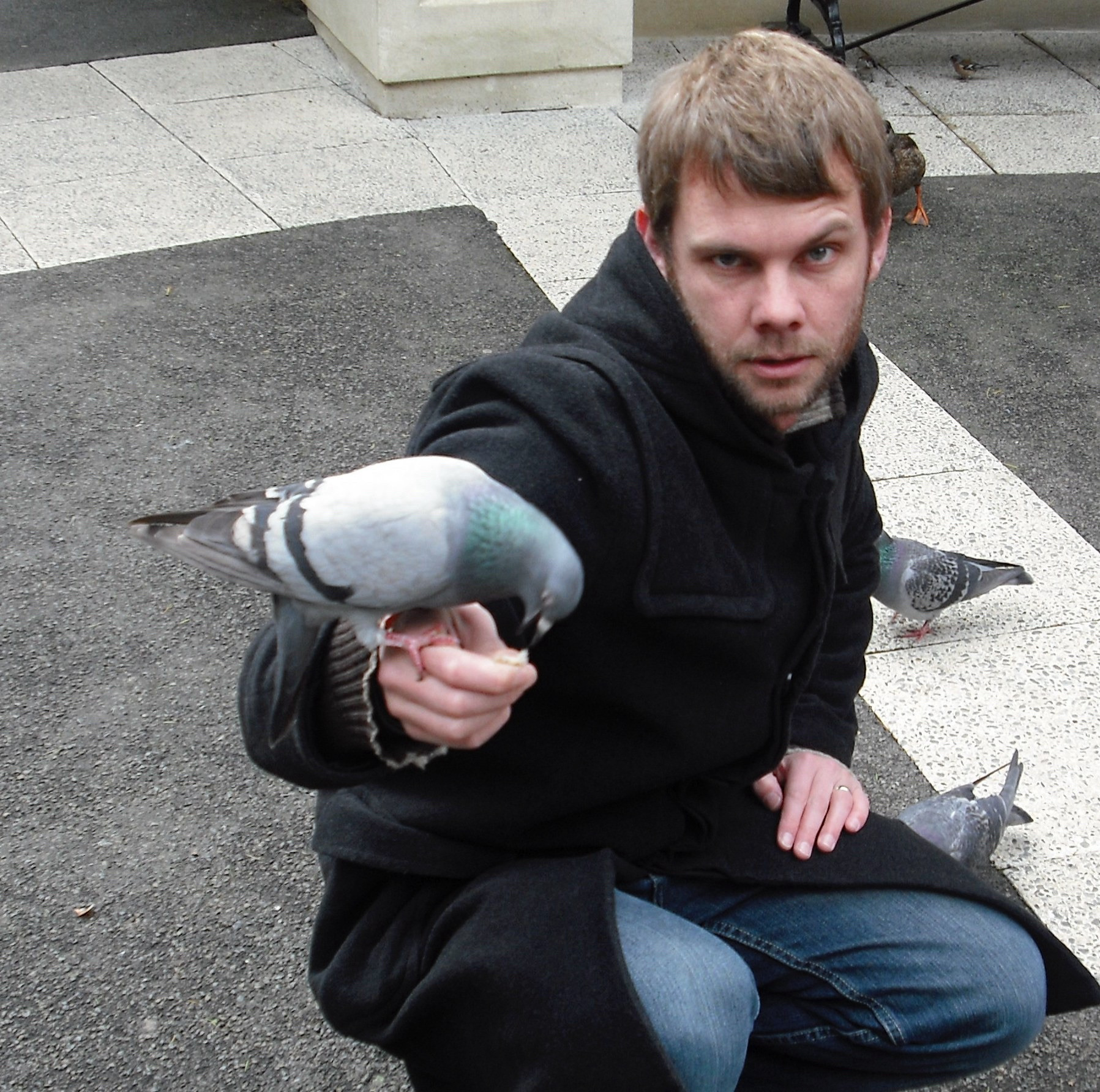 A crouching fellow stares into the camera. His left eyebrow is cocked. For some reason a pigeon is standing on his outstretched hand. It’s all very strange.