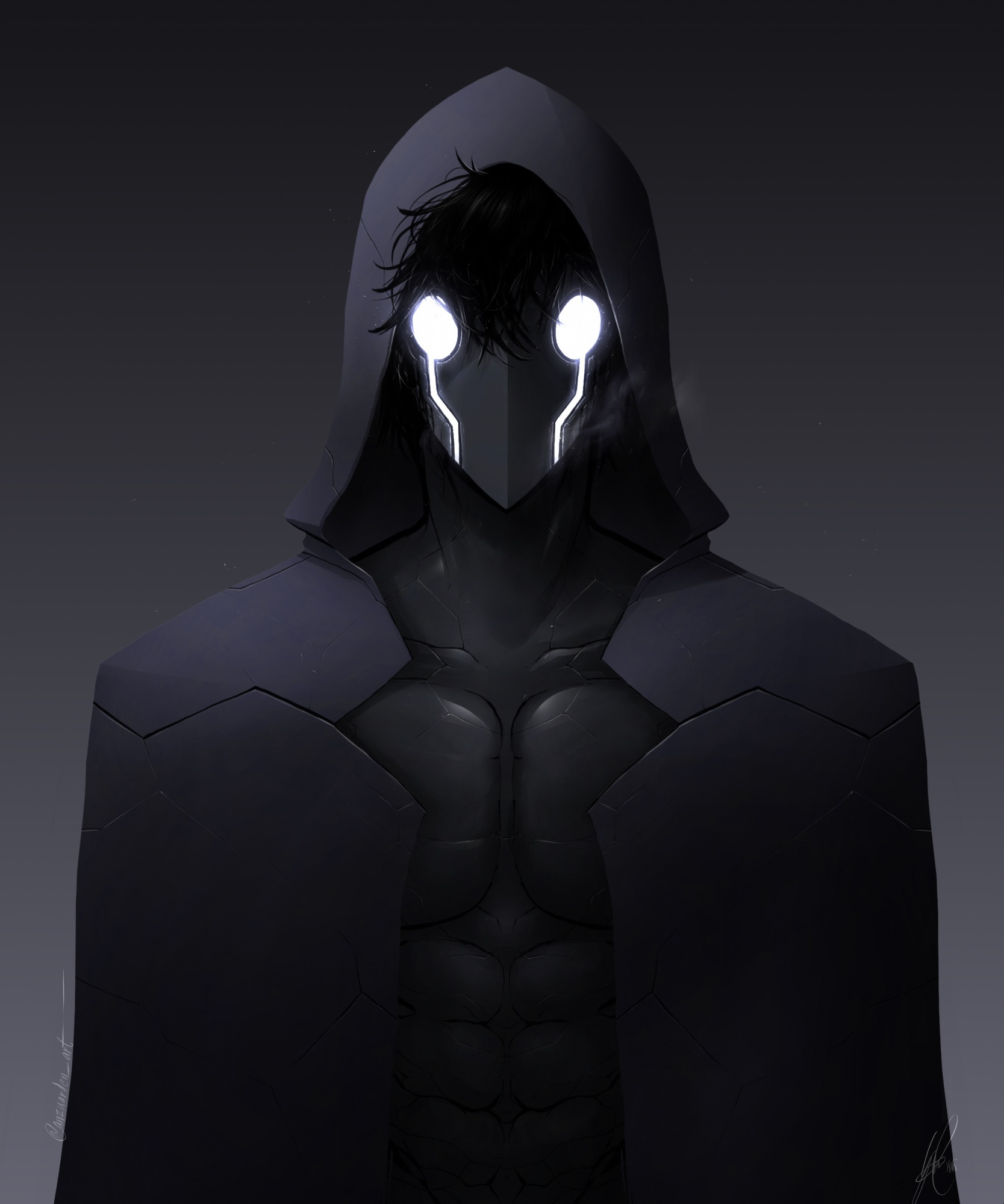 A portrait drawing of a man in black hooded cloak, with a black mask and glowing holes for eyes, staring at you.