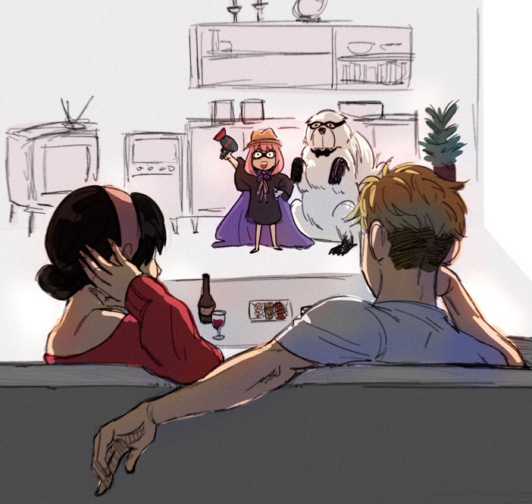 A doodle of the Forger Family from Spy Family. Anya and Bond cosplaying and performing a spy wars themed show in their living room. In the foreground, we see Loid and yor comfortably watching Anya from their sofa. Audience sees their Point of View as if we are standing behind them. 