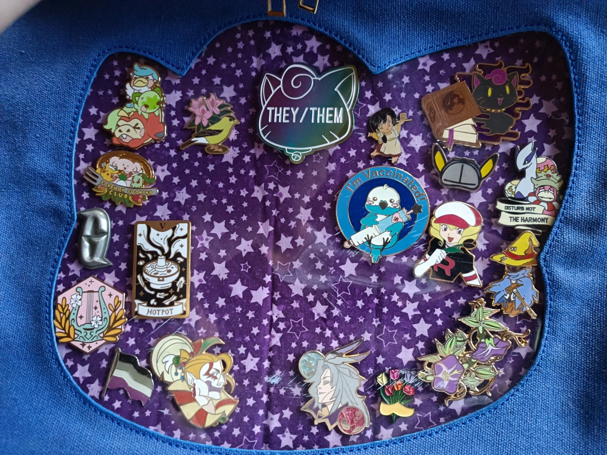 Various pins in an itabag. There's a starry background. Pins include Kefka, Kuja, and Vivi from Final Fantasy, various Pokémon including a Team Galactic emblem, a they/them pronoun pin shaped like a cat's head, Kasumi from Ranma 1/2, the Kumoricon mascot, a pin celebrating hotpot, and some flowers