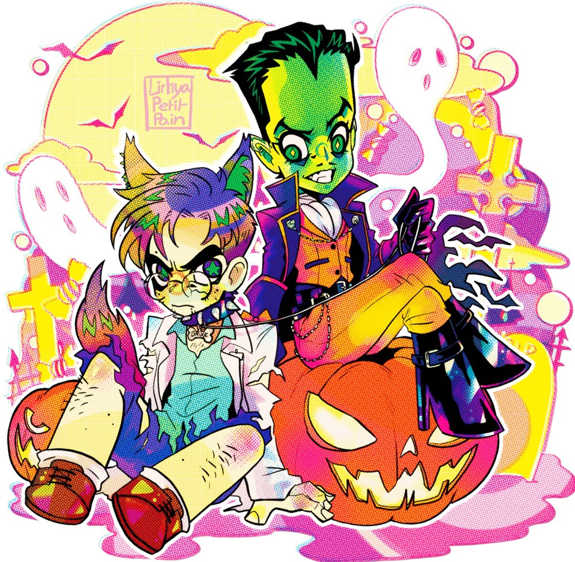 Sam and Bruce in a chibi design. Bruce is sitting on the left on the ground with an angry look and a leash while Sam is sitting on a pumpkin with his legs crossed, hold the leash and smirking. They both look at each others.
The background is pink and yellow and depict the moon, bats, ghosts, candies and tombstones