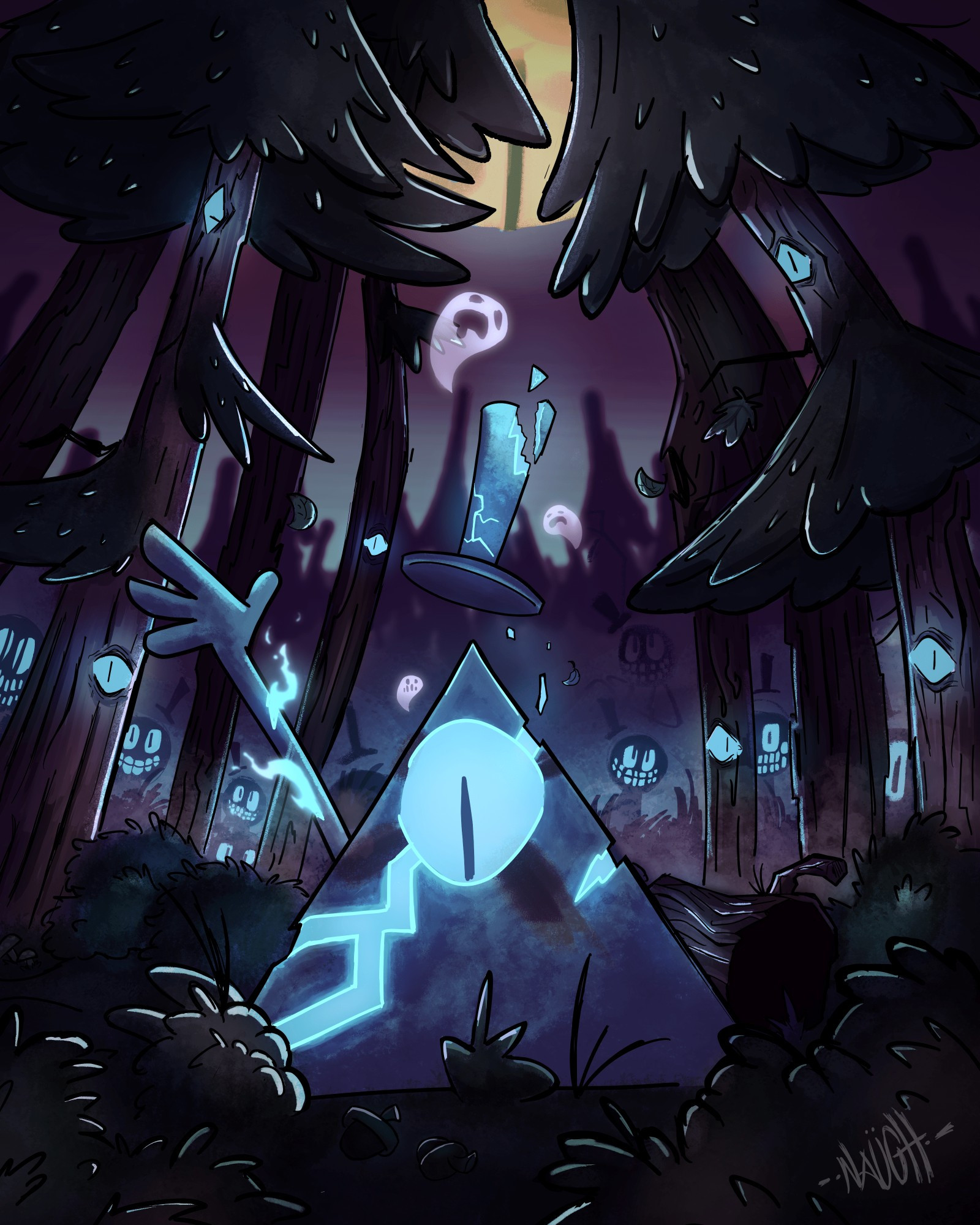 Bill Cipher statue glows blue in the forest at night as mysterious beings appear in the mist