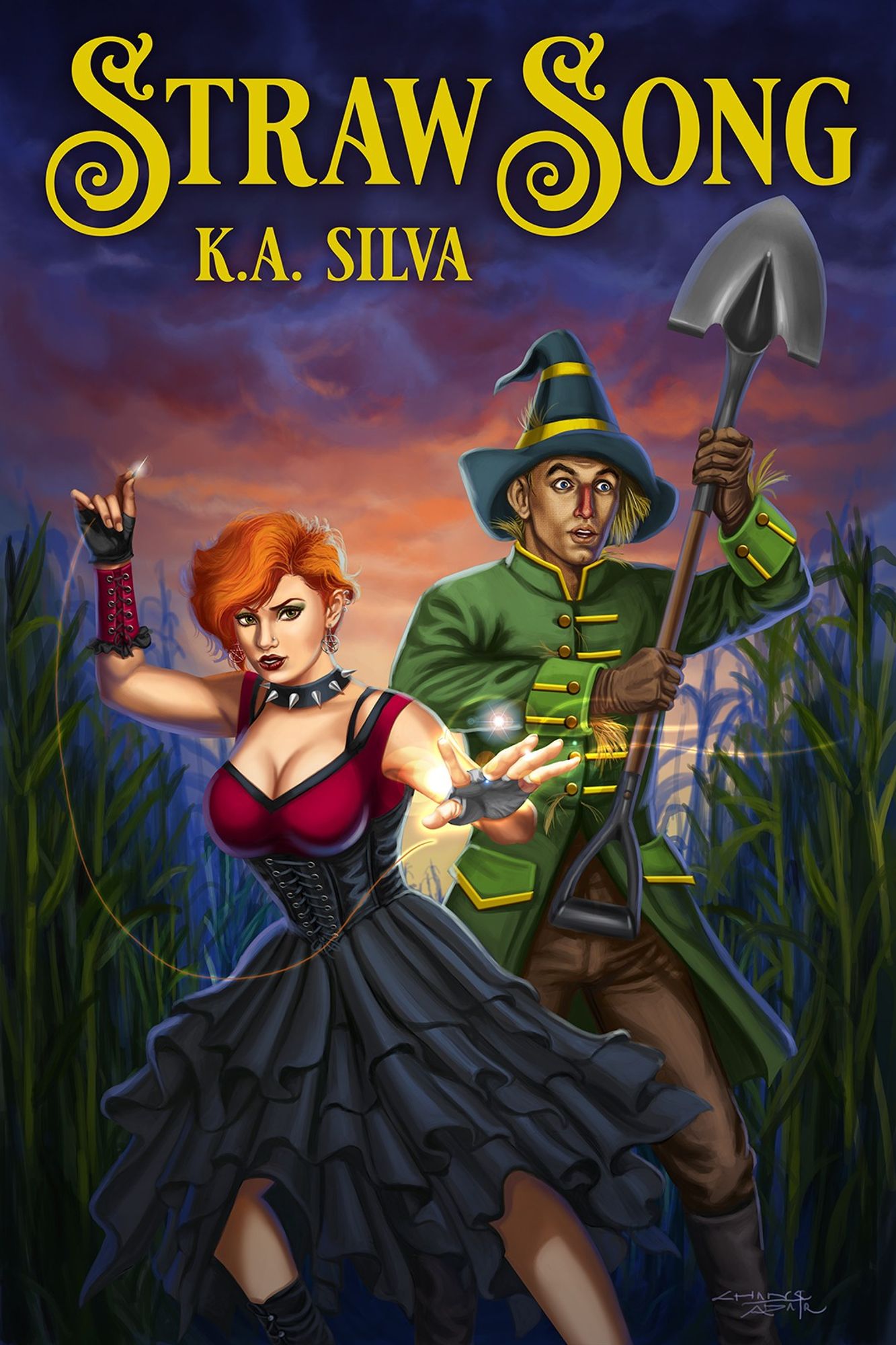 image: cover of STRAW SONG by KA Silva, cover painting by Sanda Chang-Adair. Punk witch Theo, a young white woman with short orange hair, wearing a tight bodice, ruffled skirt, spiked collar and pentagram earrings, wields a glowing magic needle and thread. Beside her, The Scarecrow of Oz looks worried; he wears a formal green coat and peaked hat, and hefts a shovel as a weapon. They face unseen enemies in a cornfield at dusk.