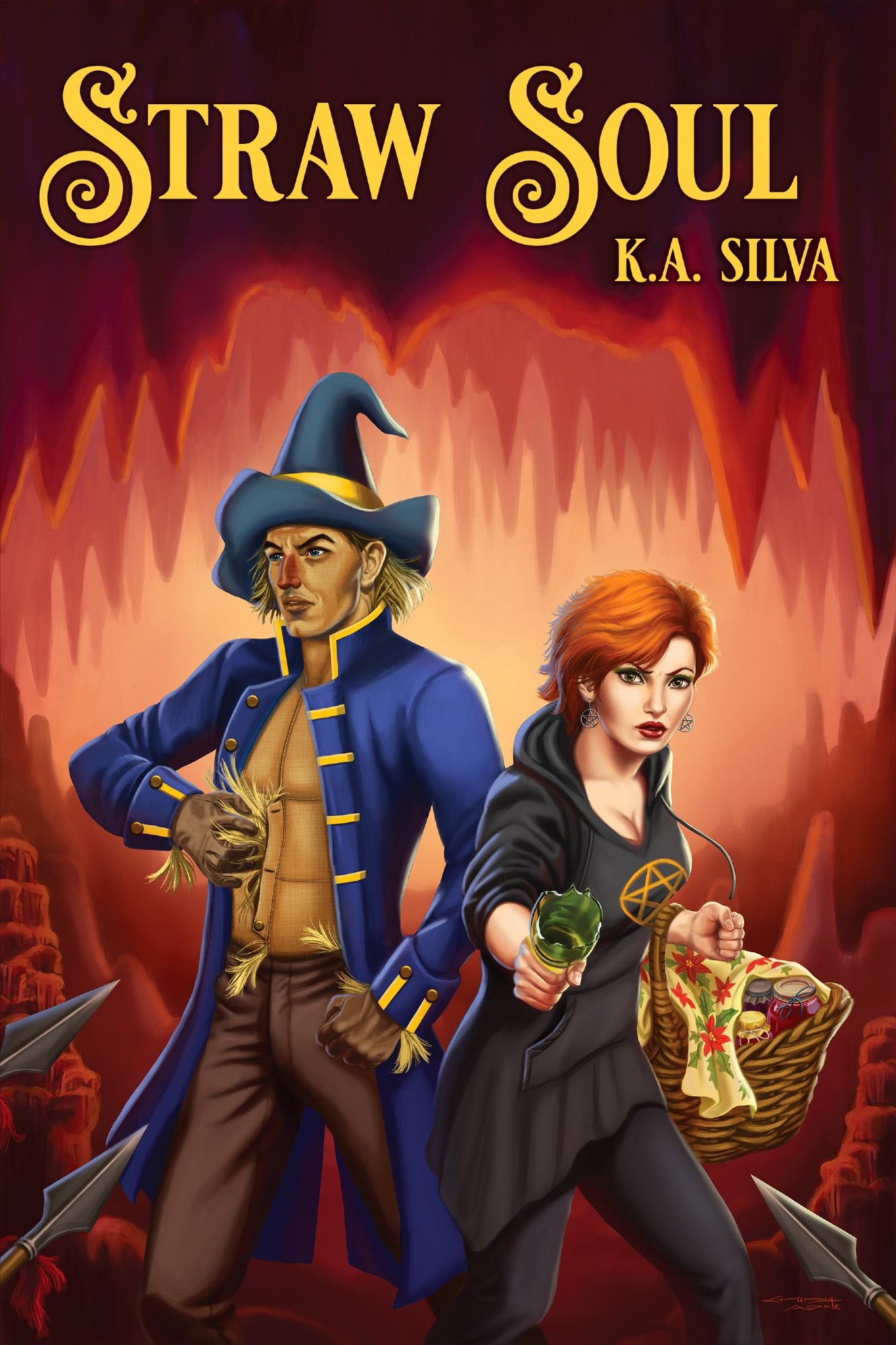 image: cover of STRAW SOUL by KA Silva, cover painting by Sandra Chang-Adair. The Scarecrow of Oz stands defiant in a formal blue coat and peaked hat. The coat is open to reveal his stitched burlap chest, and he tugs a sheaf of straw from his own midsection. Punk witch Theo stands beside him, brandishing a broken bottle as a weapon. She is a young white woman with short orange hair, wearing a gray hoodie with a pentagram printed on the front, and she protectively clutches a basket of treats against her side. Spears ring them in, far underground in a reddish cavern, with stalactites and stalagmites in the background.