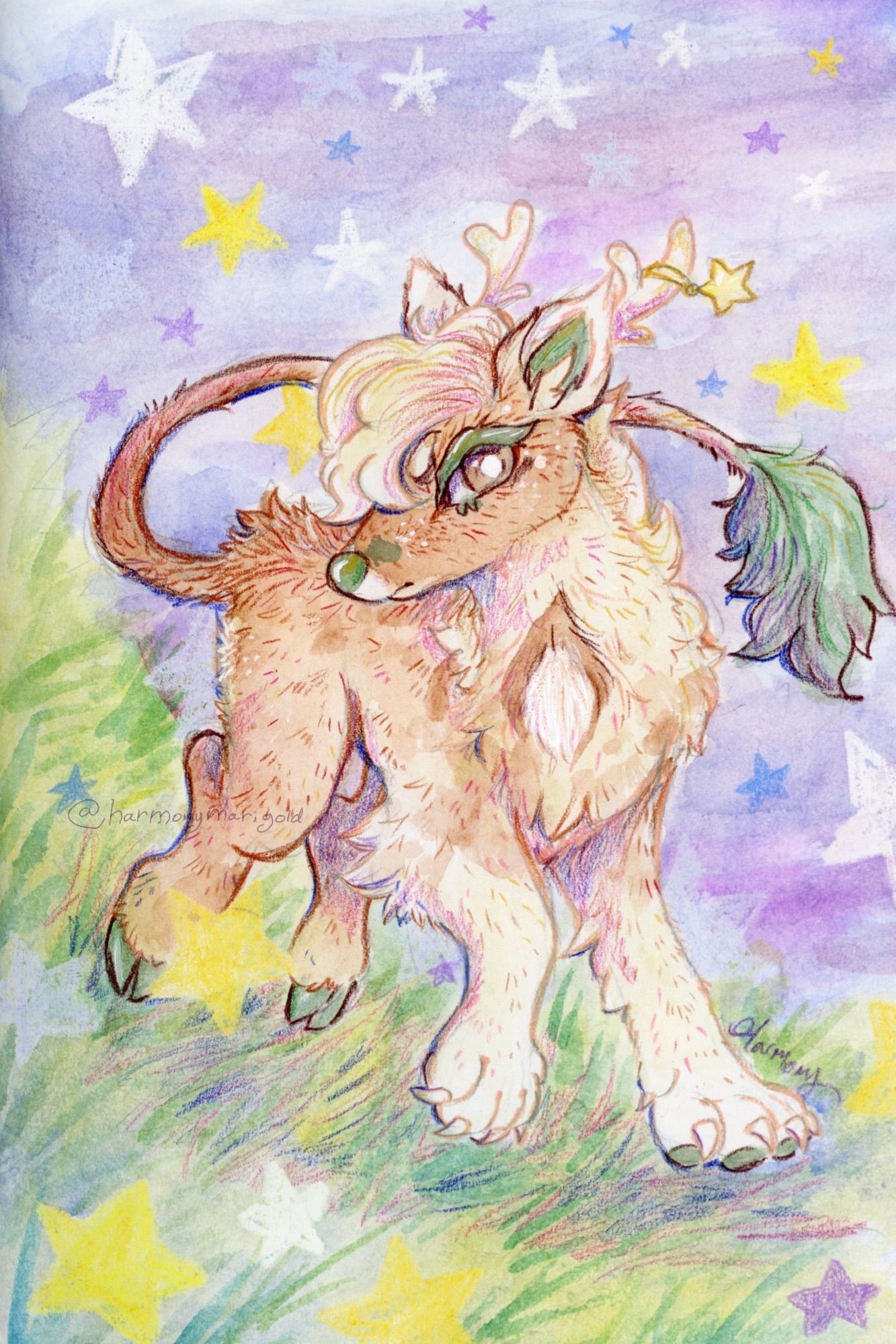 Art of an animal character running in the grass, with stars around too.