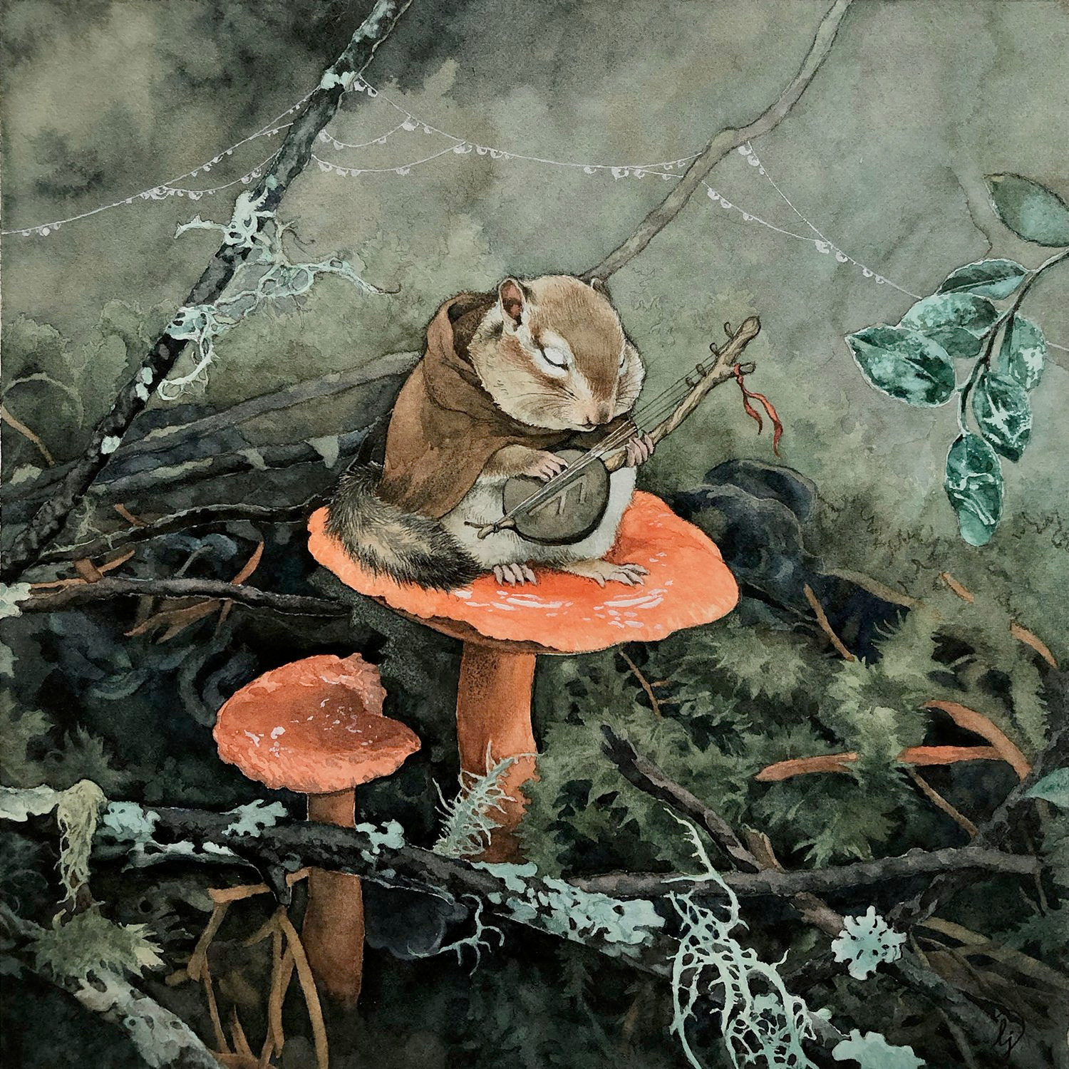 another Lily Seika Jones  illustration

a chipmunk with eyes closed plays a lute. he's sitting on an orange toadstool and wearing a brown cape with the hood back on his shoulder.