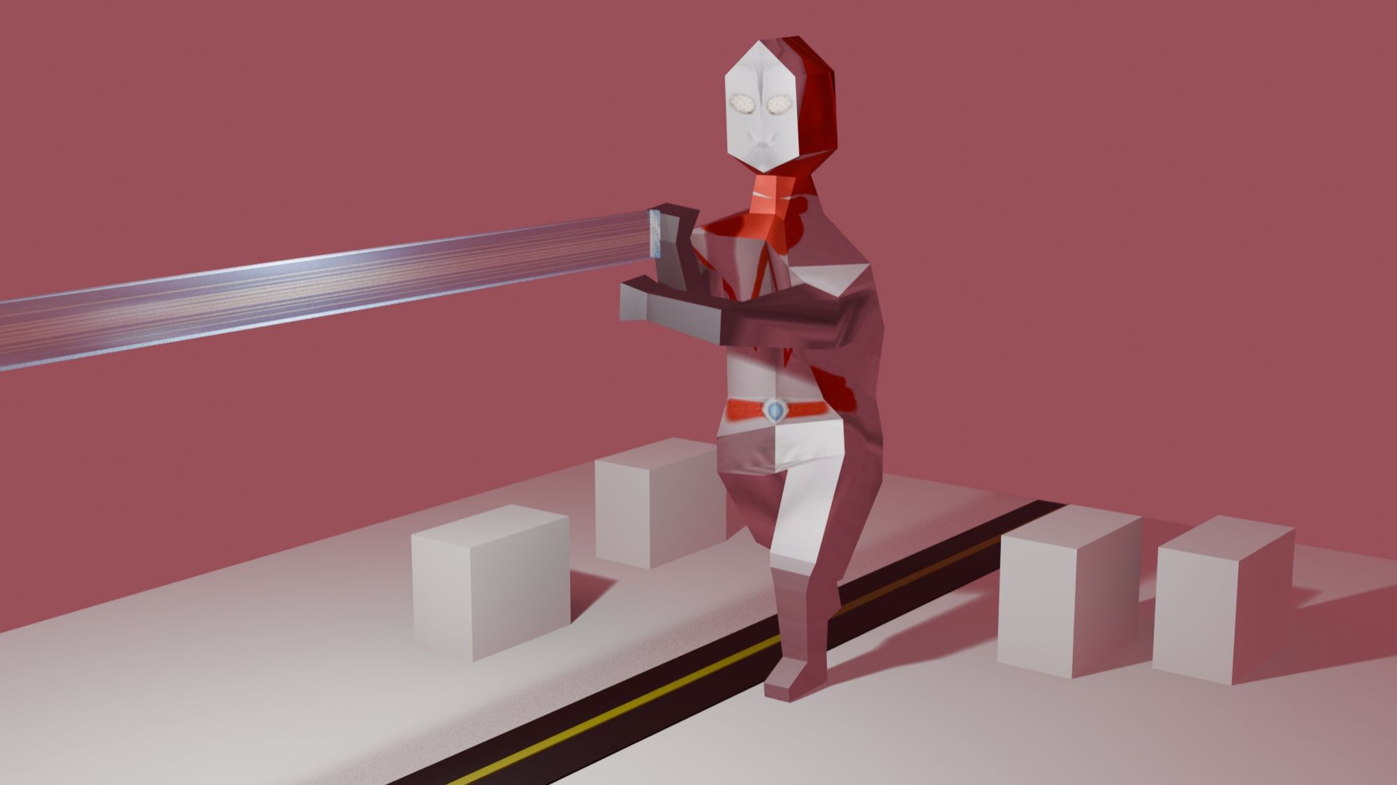 Ultraman low poly em 3d renderizado com um fundo de cor solida rosa alguns predios lowpolys perto dos seus pés e uma estrada. Ele está soltando seu classico laser beam com um braço na frente do outro tipo uma cruz.