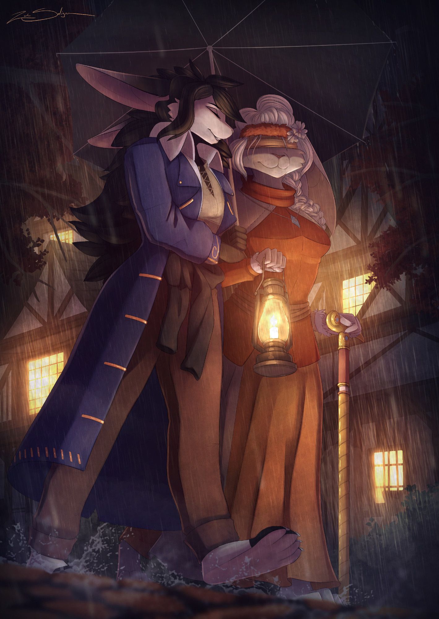 A bunny couple walking down a cobblestone path in the rain. Orange glows from the lantern and surrounding houses encapsulate them.