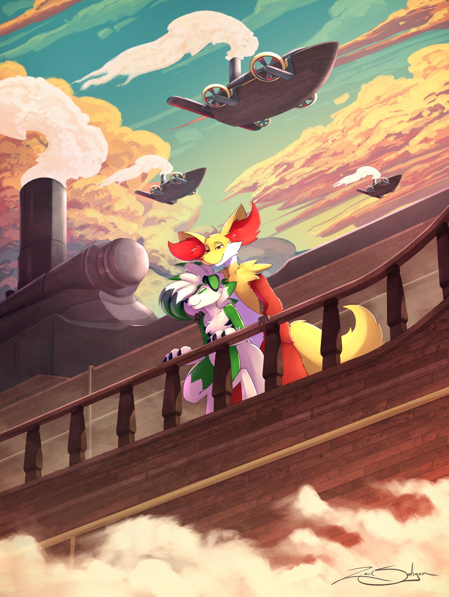 Two pokemon ocs, Padrok (Delphox) and Lila (Midnight Lycanroc) looking over the edge of an airship surveying the ground below. View from the front as if the viewer were floating in the air in front of them.