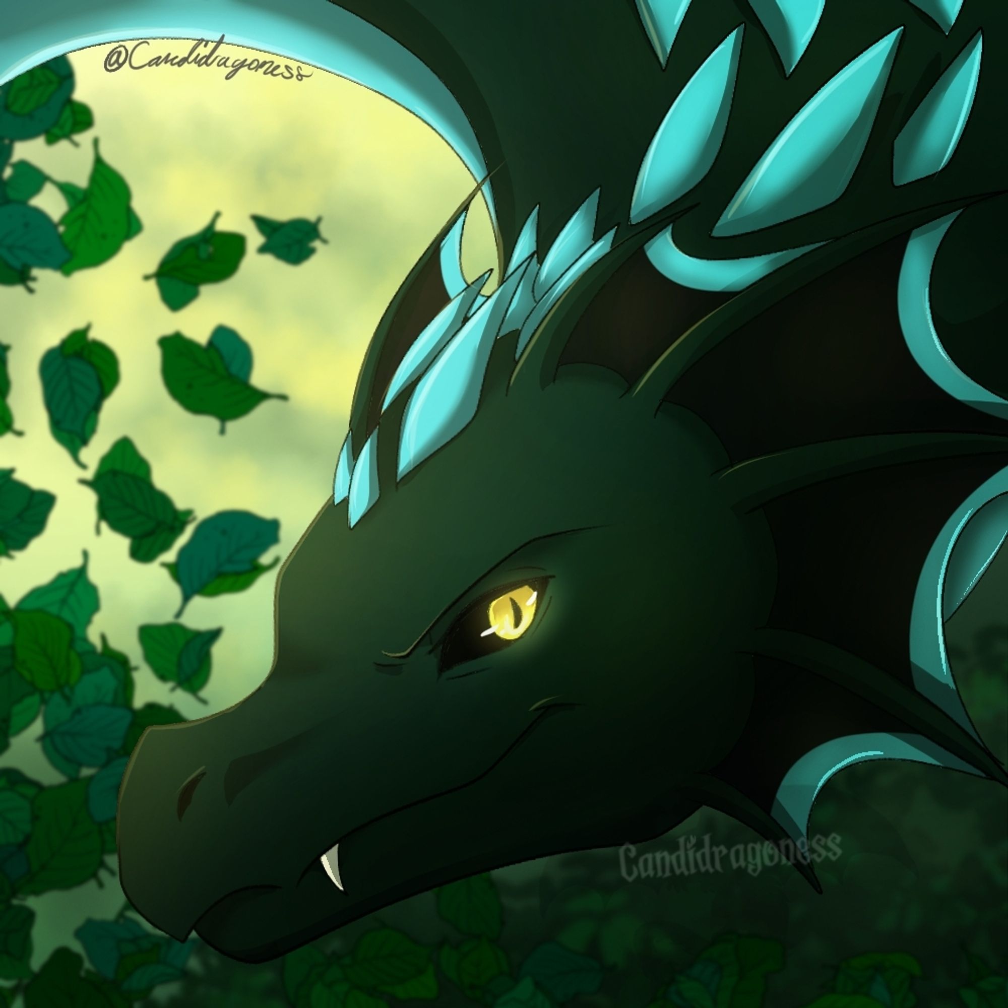 Green dragon in front of leaves