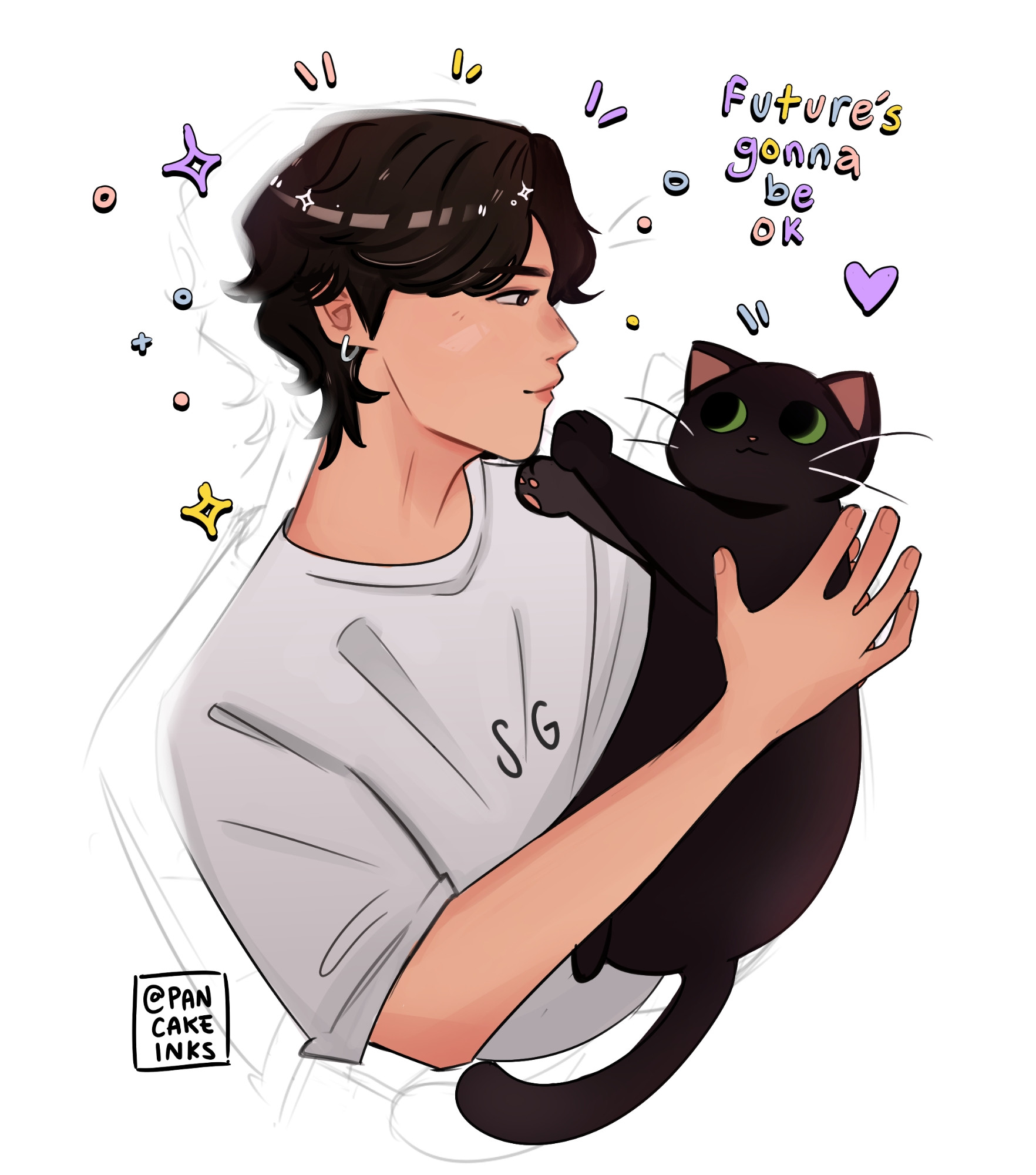 Illustration of BTS Suga, with a white shirt and black long hair, holding a black cat. With the text "future's gonna be ok" written on top.