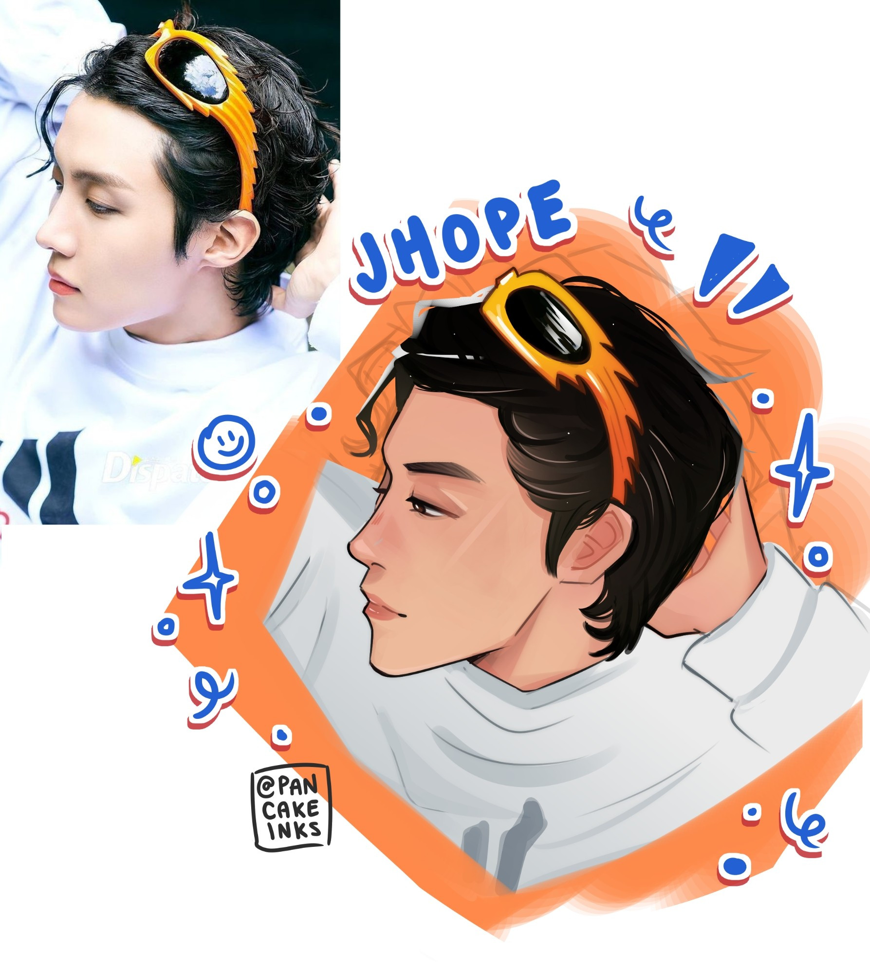 Illustration of jhope, with black slicked black hair and sunglasses on top of his head, next to a photograph used as reference.