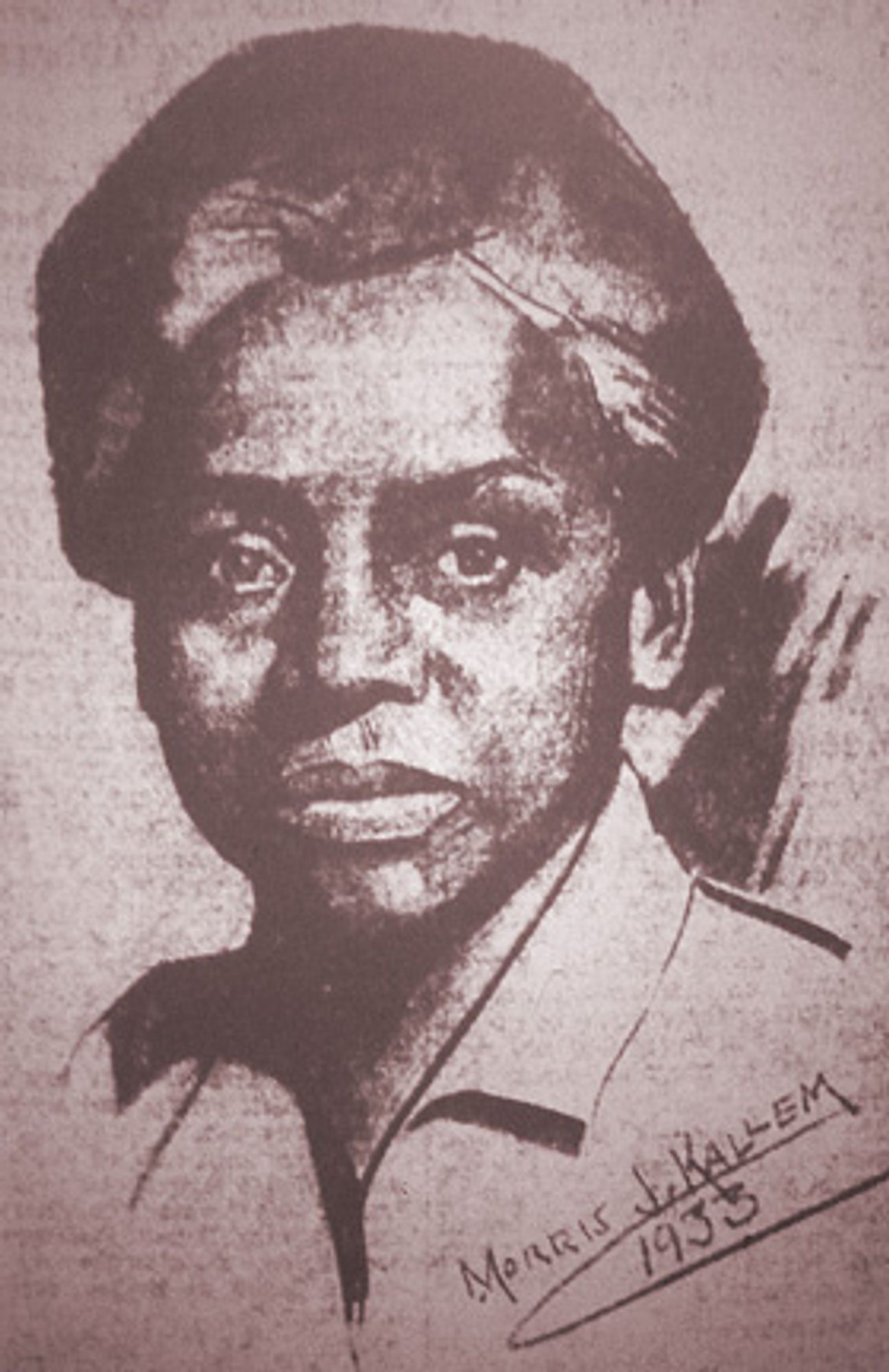 A printed illustration portrait of Williana Burroughs, a middle aged Black woman with short hair and a serious expression. It is signed Morris J Kallem 1933 at the corner.