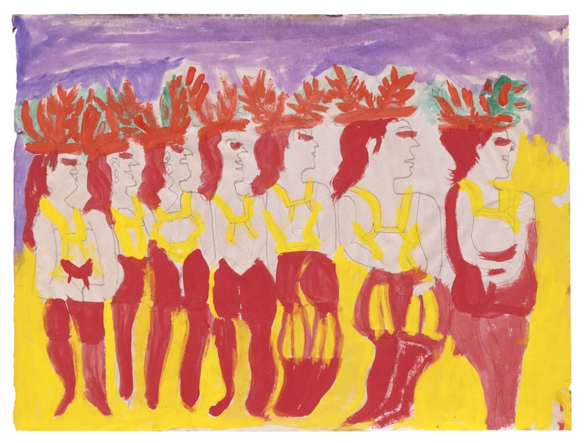 The painting is featuring a group of stylized androgynous figures with red hair and large headpieces, seemingly dancing in formation. The figures are painted in red and yellow, with a purple sky and yellow ground as the background, giving the artwork a lively and sexy feel.