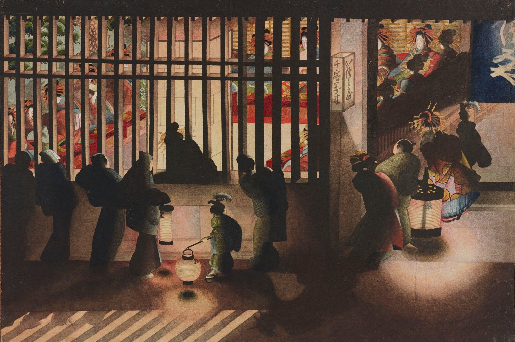 Nightscene in the Yoshiwara (吉原格子先之図) 
Painting depicting a nighttime scene in Japan. The artwork shows viewers, including women and children, peering through wooden bars into a room where women dressed in elaborate kimono and traditional hairstyles are seated. The scene is lit by soft lantern light, casting shadows and illuminating the figures, creating a mysterious and atmospheric mood.