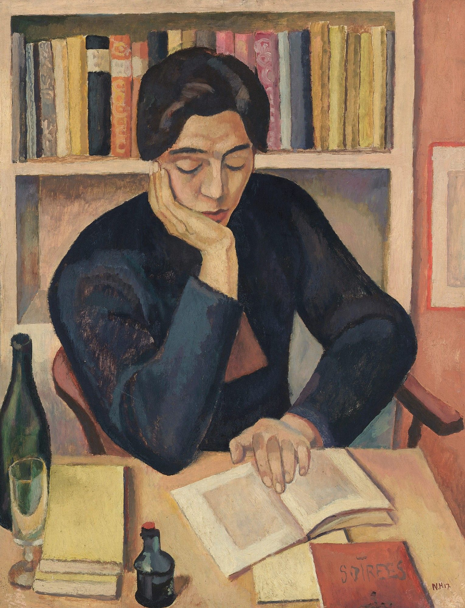 A portrait of a seated woman reading a book. The woman, depicted in a modernist style, rests her head on her left hand while her right hand holds open a book. She is sitting in front of a bookshelf, with several objects, including a bottle, glass, and ink bottle, placed on a table in front of her. The painting uses muted tones and strong geometric shapes.