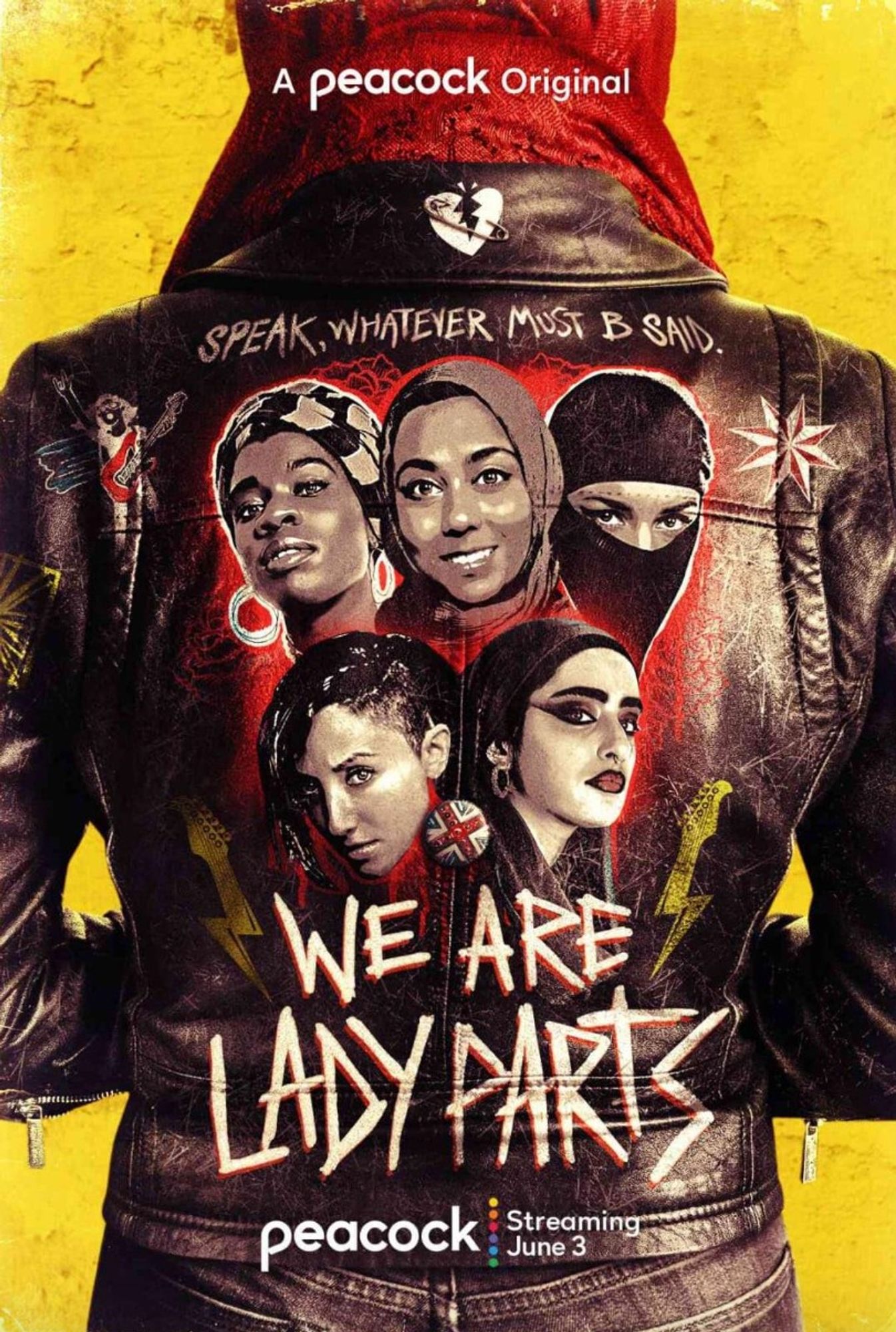 This is a We Are Lady Parts advertising poster. The desing features the back of a woman wearing a leather jacket with the faces of the members of the band, and the lettering WE ARE LADY PARTS. A peacock original.