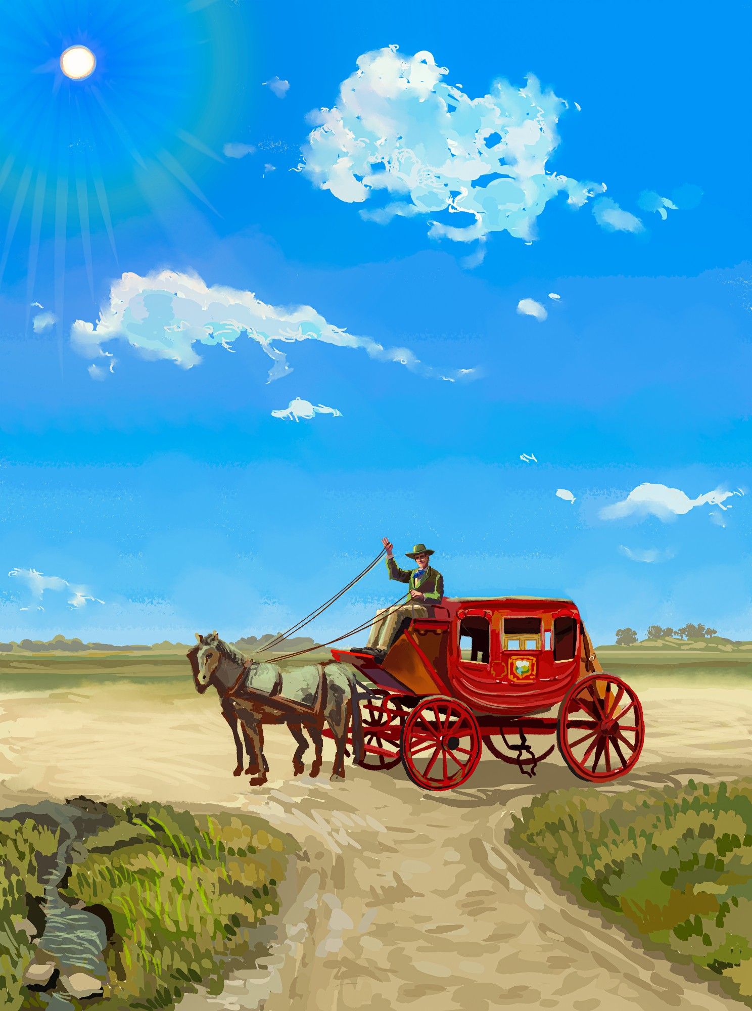 This image features a bright, sunny day in an open field with a clear blue sky dotted with a few puffy white clouds. In the foreground, there is a red stagecoach pulled by two horses. A coachman sits atop the stagecoach, holding the reins, and is waving with one hand. The scene feels vibrant, with the sunlight shining down, creating a peaceful and expansive landscape. The road is dusty, and some green grass grows near a small stream in the lower left corner of the image.