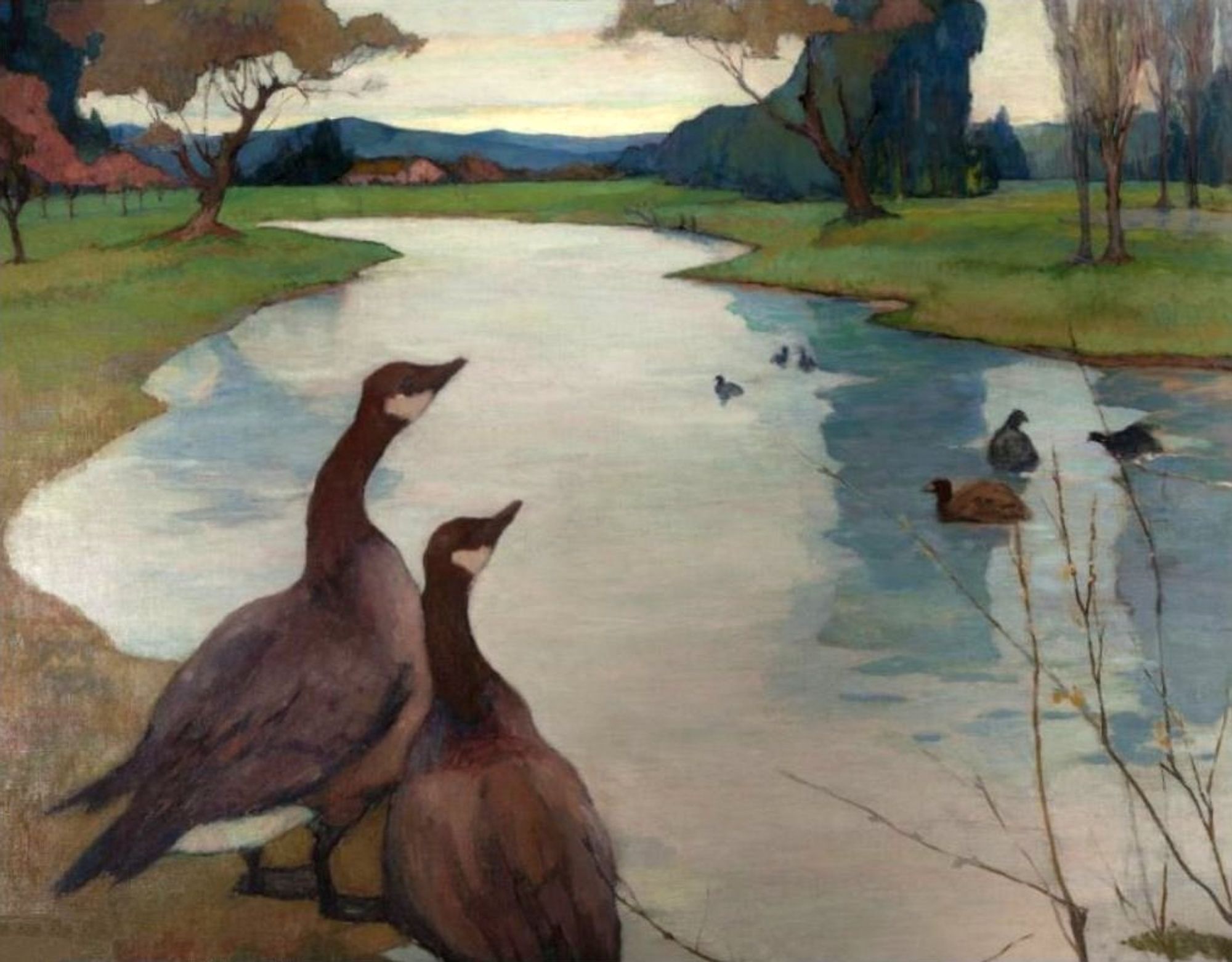 A landscape painting by Rowena Meeks Abdy titled Decoration - Wild Geese. It features a serene scene by a riverbank with a couple of geese in the foreground, contemplating the lake scene. More birds are swimming in the background, with trees and hills in the distance. The colors are soft, with natural greens, browns, and blues.