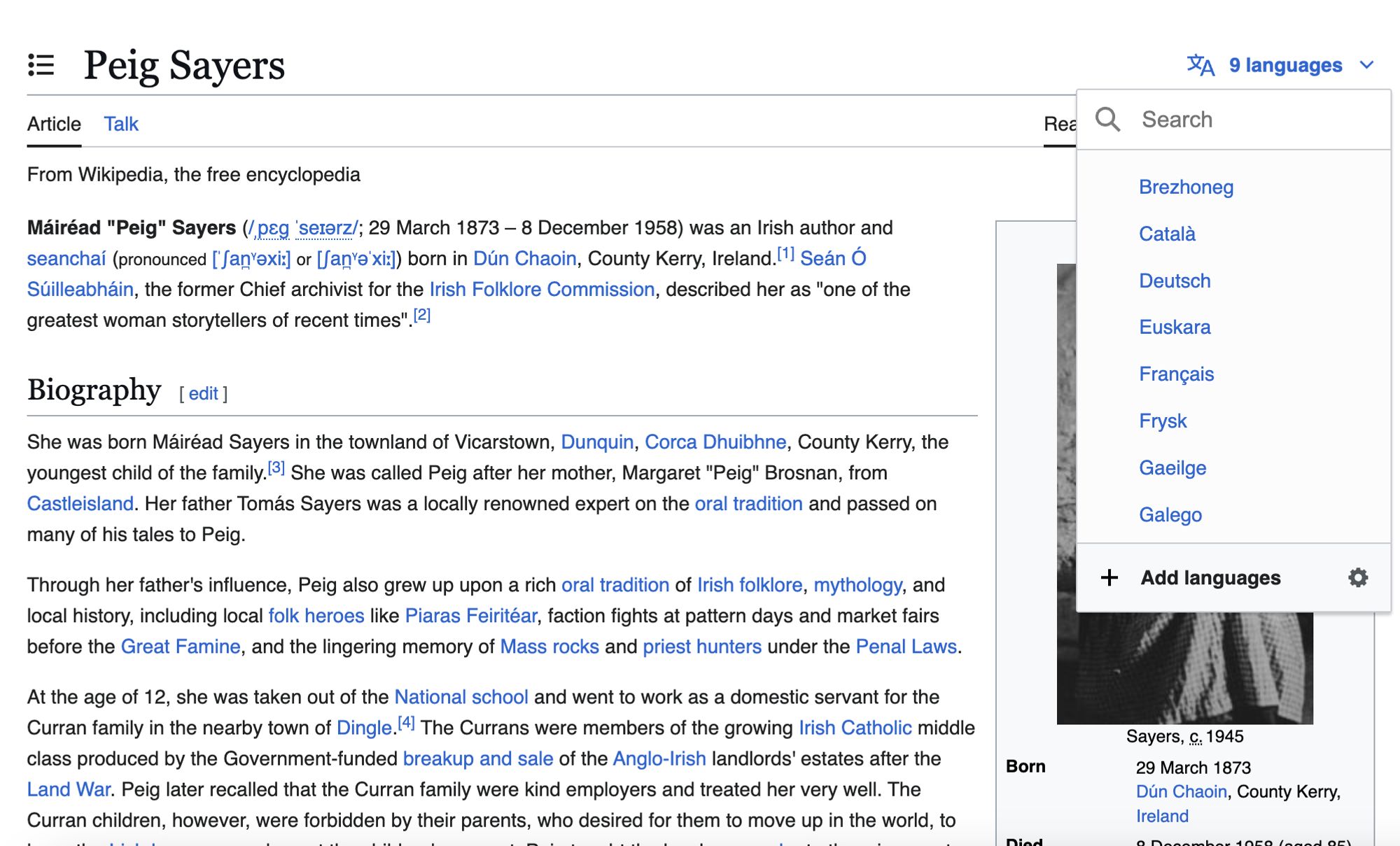 Peig Sayers article page, showing the 9 other languages her page is available, including Catalá, Euskara, Gaeilge, Galego.
