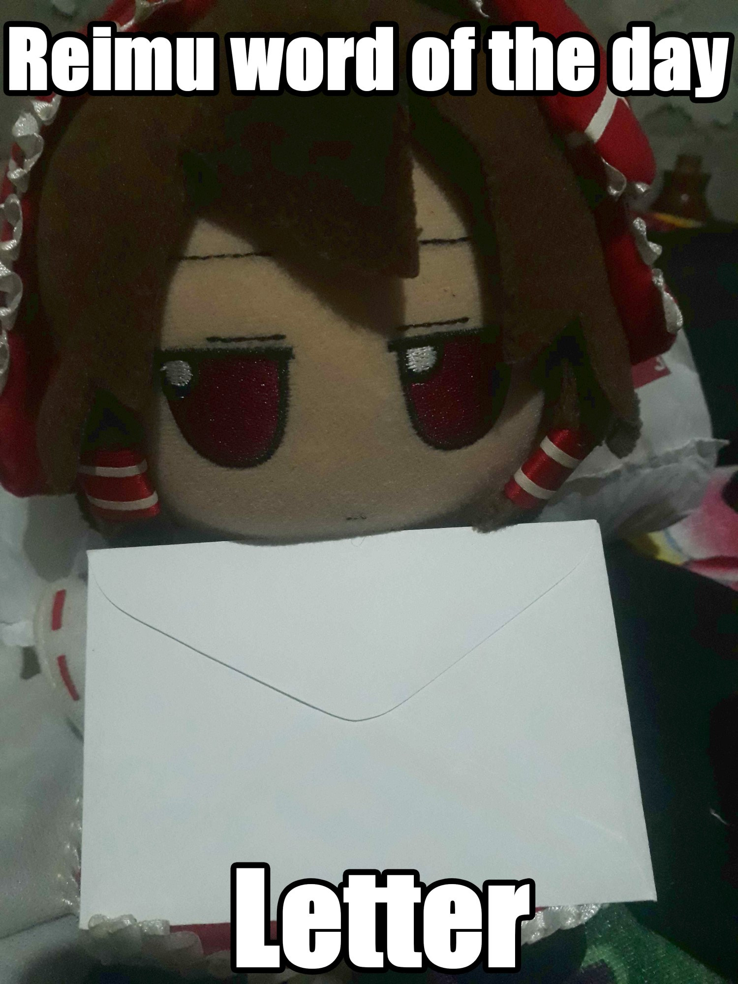 Reimu Hakurei fumo, sitting in a bed, with a letter on her lap.