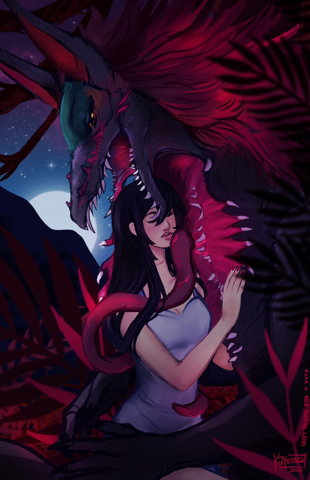 A monster painted in blacks, purples and reds holds onto a young woman with long black hair. His lower jaw is split open surrounding her head and his neck and chest are splayed open exposing pink flesh, teeth and a long tongue that curls around the females shoulders. The mood is romantic and the pair are flanked by tropical plants, a moon cresting over a distant mountain. 