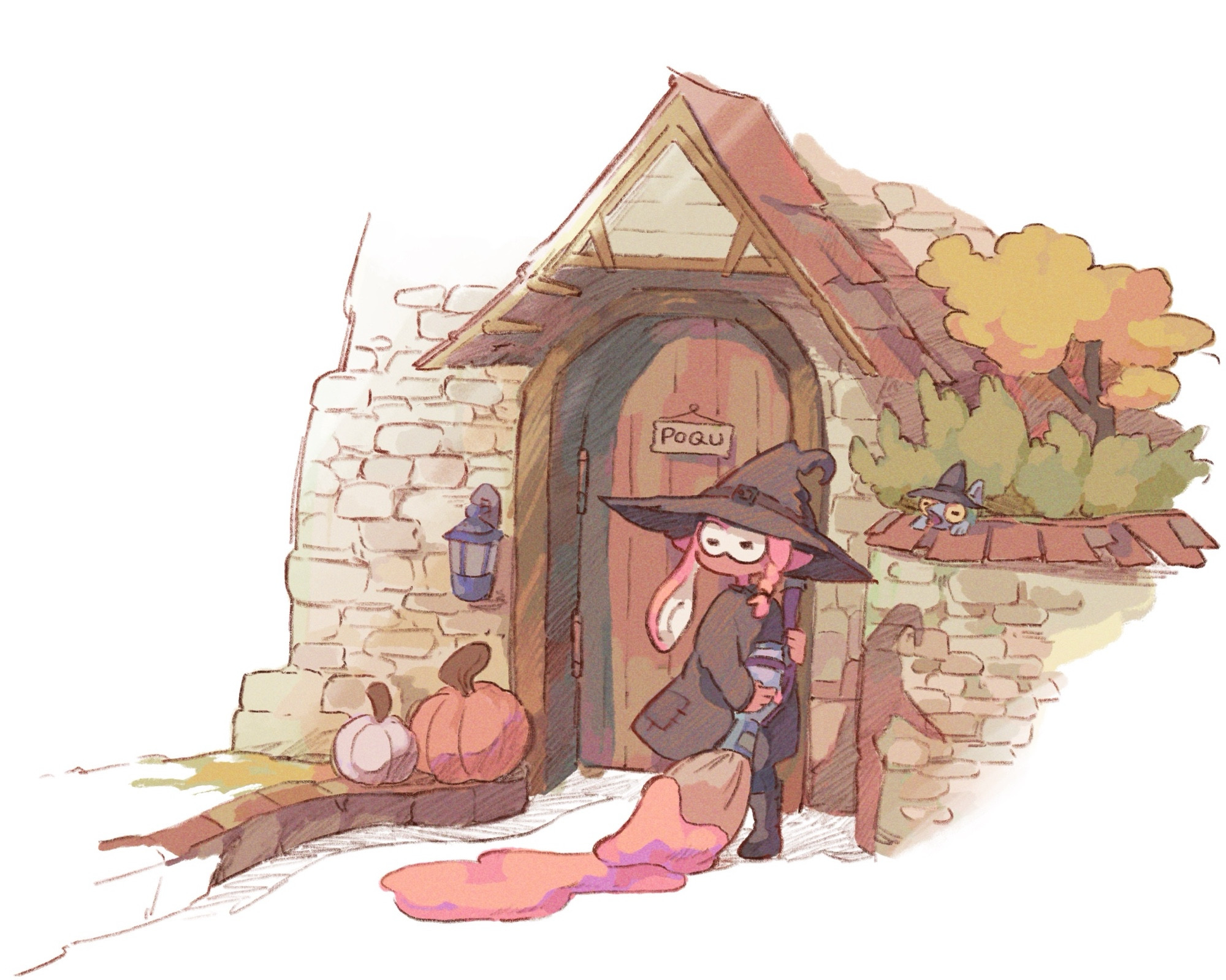 illustration of a splatoon inkling holding an inkbrush and wearing a witch hat, sweeping in front of a cozy brick home. there is also a smallfry wearing a witch hat.