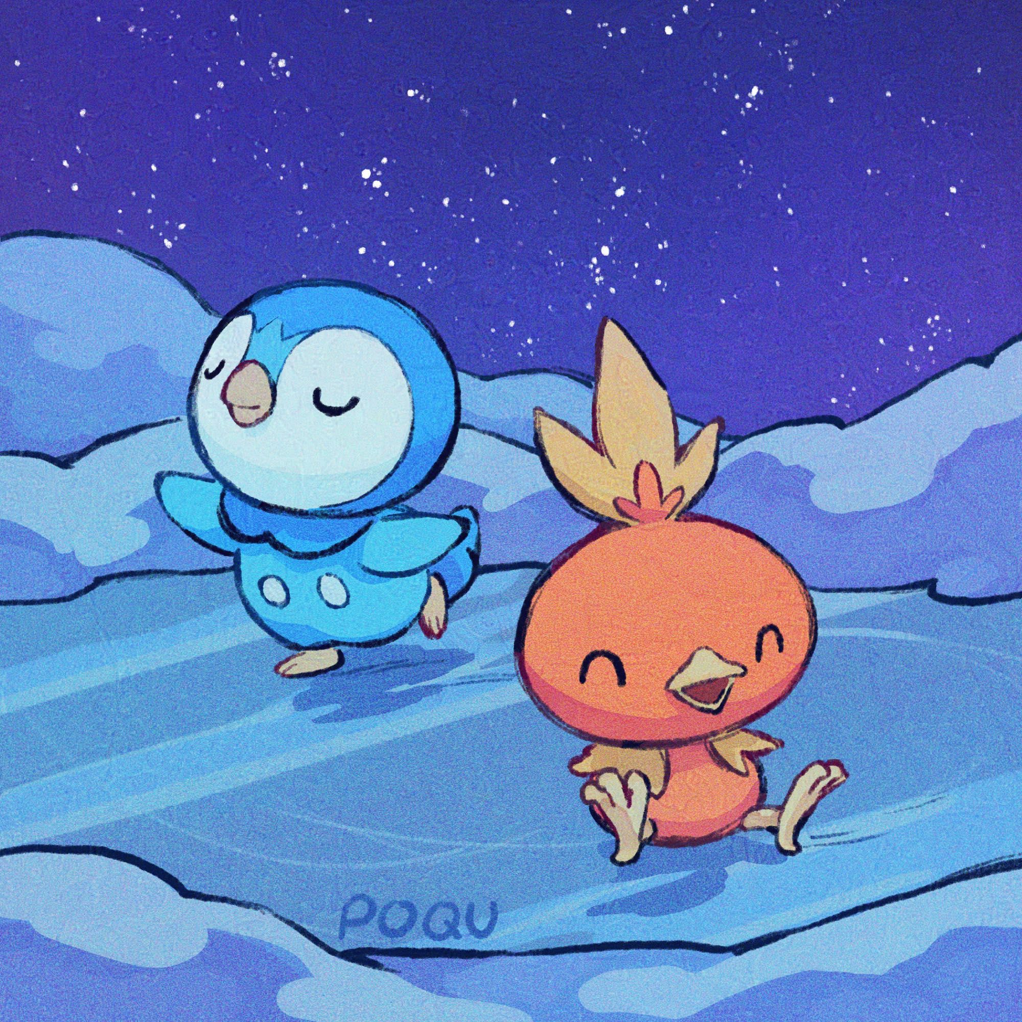 Illustration of piplup and torchic on ice under a starry night sky. Piplup is confidently posing while skating, while torchic has fallen and is happily sitting and sliding on ice