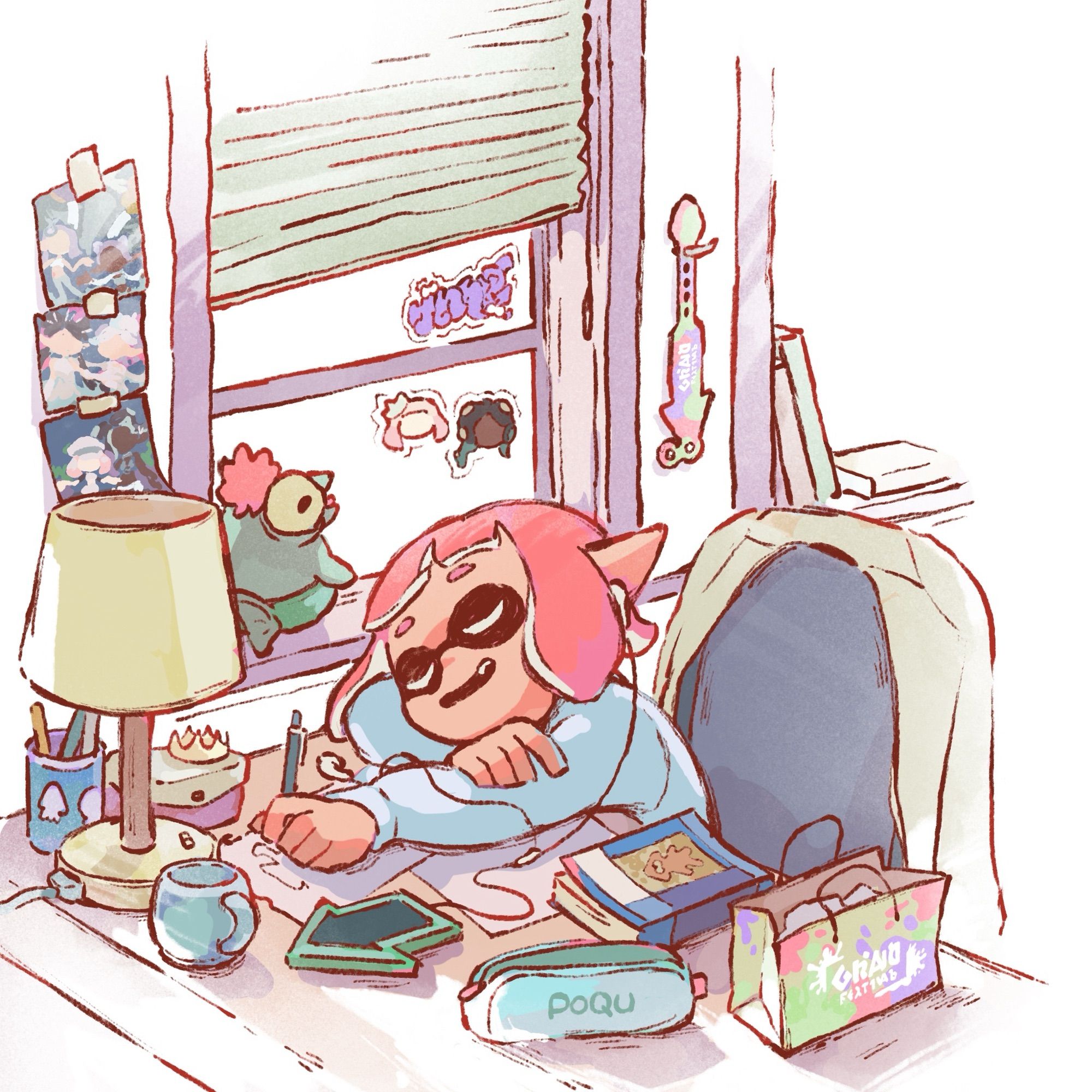 illustration of a pink-inked inkling at her desk daydreaming. Her eyes are closed and she is smiling with an earbud in her ear and pencil in hand. On and around her desk there is various merch relating to the splatoon 3 grand festival. on her wall there are photos of the idols performing.