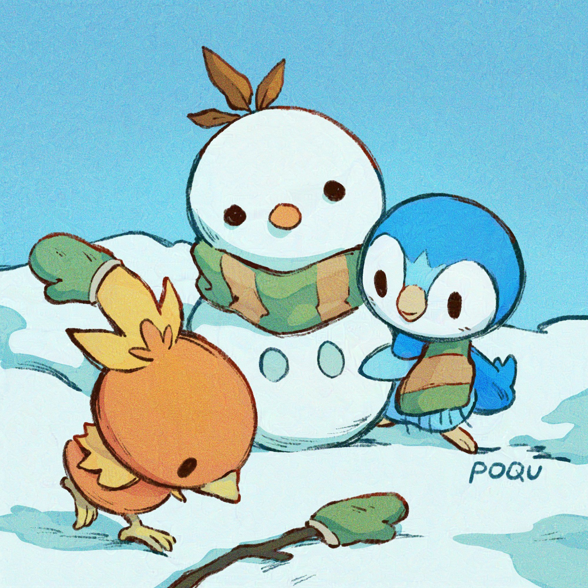 Illustration of piplup and torchic building a two-tiered snowman. The snowman is wearing a scarf that also wraps around piplup, who is hugging it. Torchic is in front, walking towards a stick with a mitten on it, while torchic also has a mitten on one of its big head feathers.