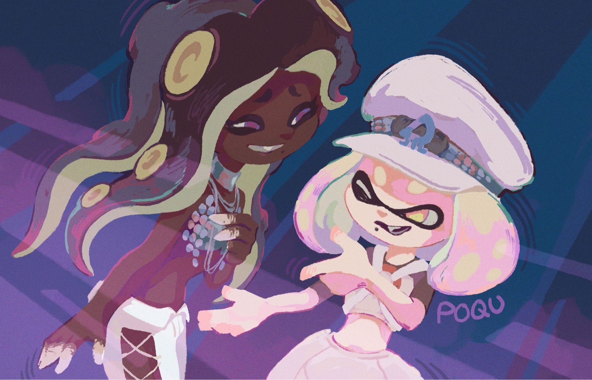 illustration of off the hook from splatoon performing at the grand festival in their three wishes outfit. pearl is winking and pointing her finger towards marina. marina has her hand on her chest and is smiling towards pearl.