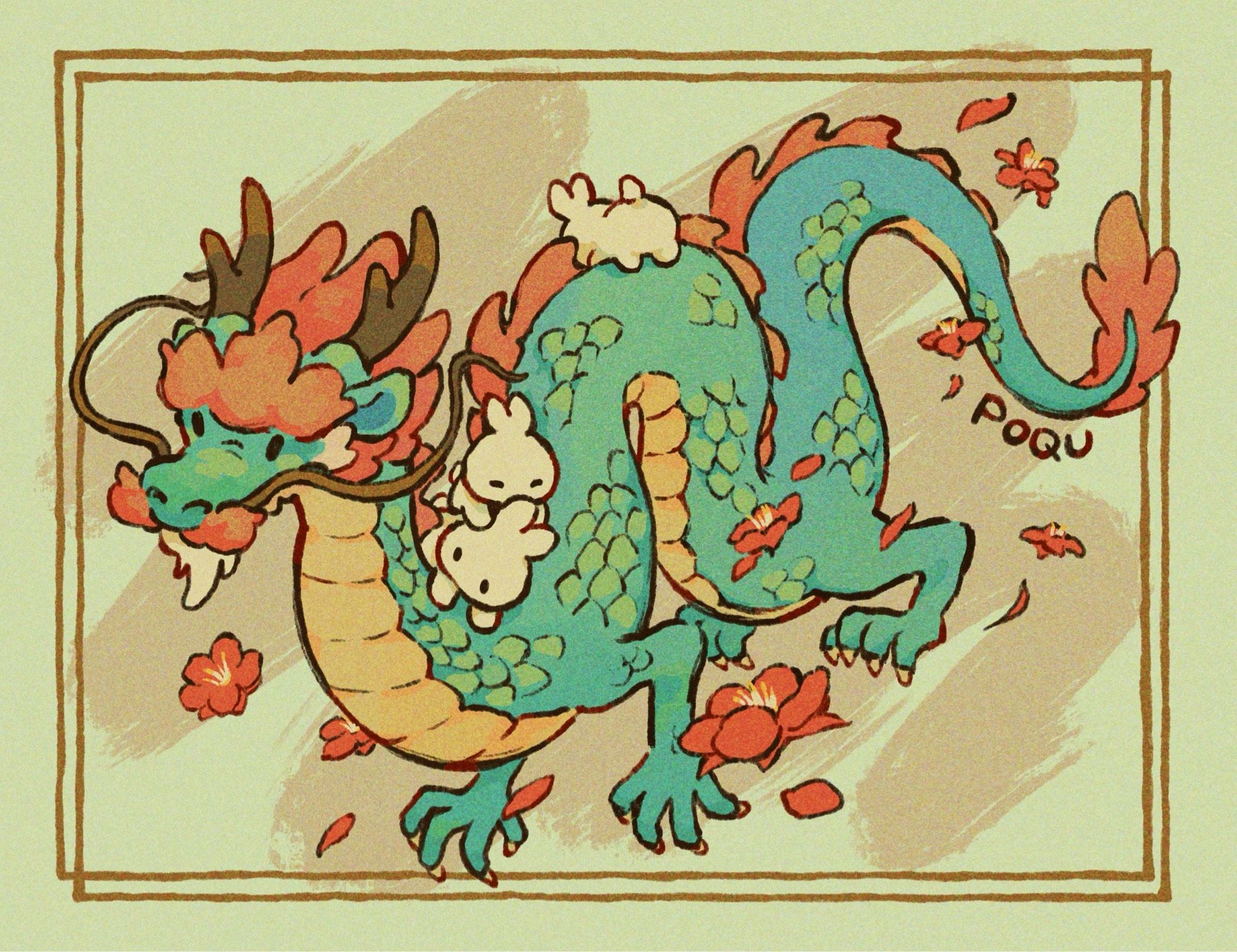 illustration of a green dragon carrying three white rabbits on its back, with red flowers flowing by