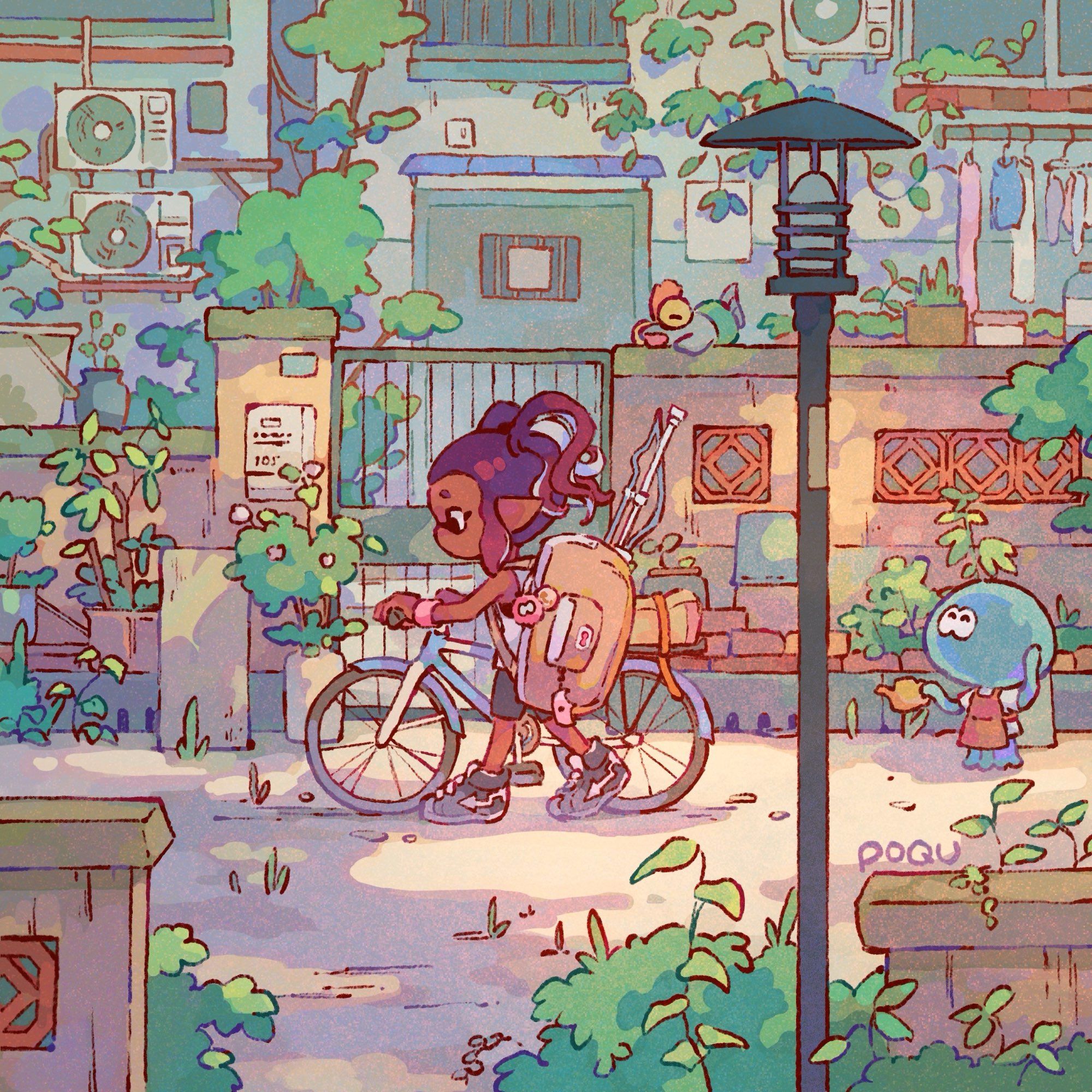 illustration of the side view of an inkling with pigtails walking her bike down a residential street. Behind her is a gated wall/fence, behind which are the apartment buildings. Along the wall are lots of potted plants and greenery, and a smallfry sleeping on top. A jellyfish is holding a watering can by some of the plants that the inkling just passed by.