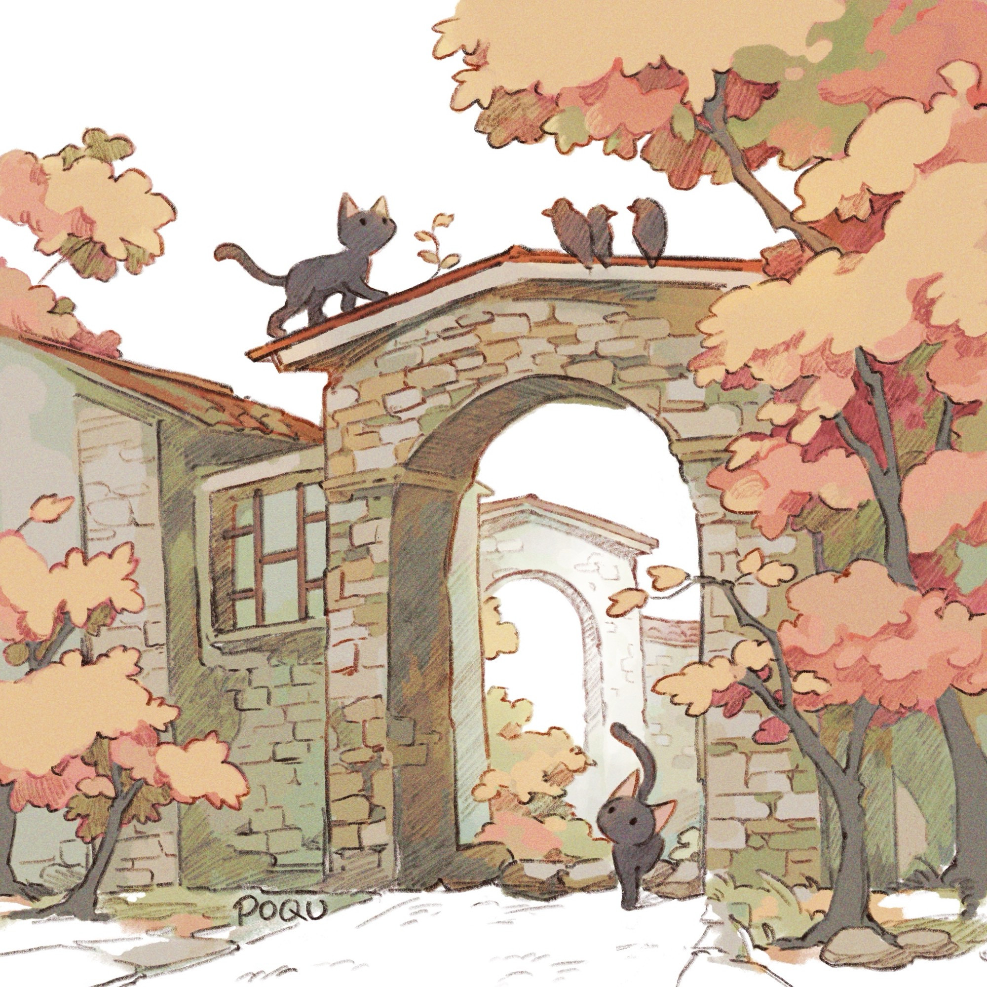 illustration of a stoney-brick archway there’s a cat on top of the arch, approaching some crowd, and a cat passing through below. there’s another archway in the back and some autumn foliage around.