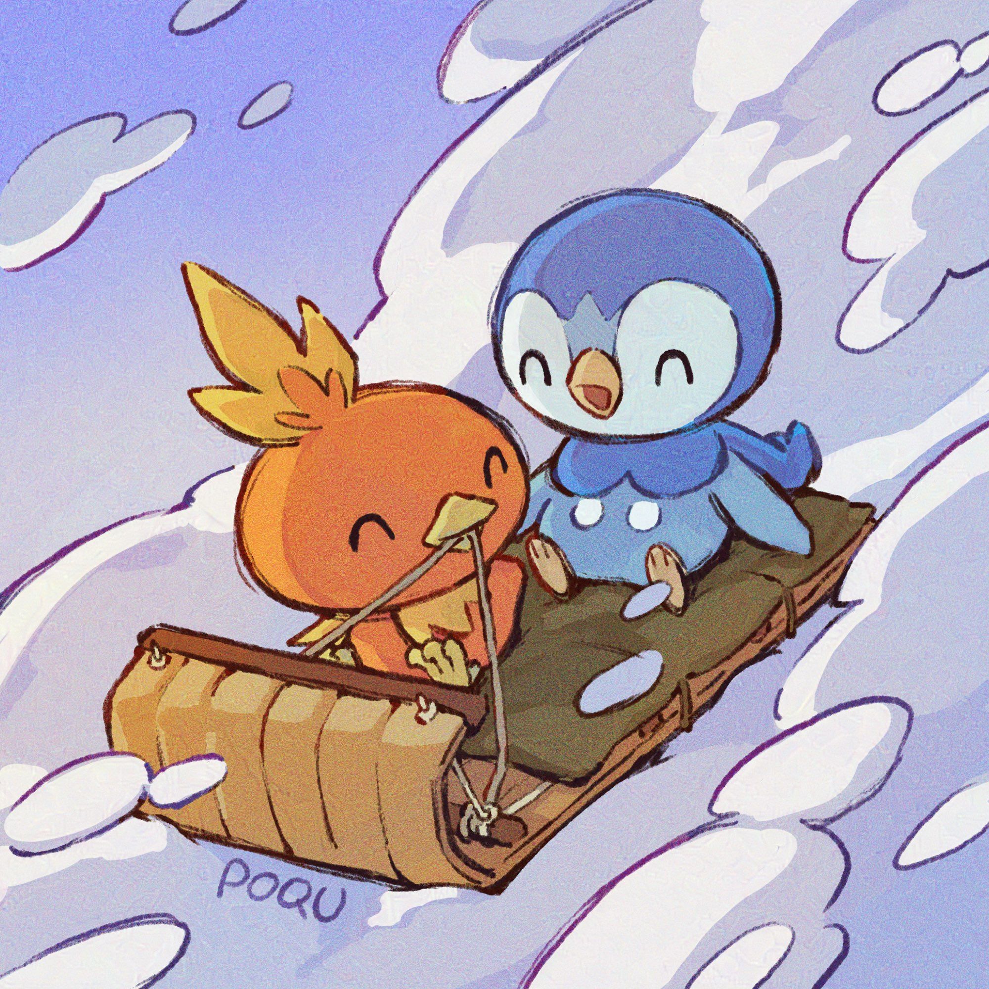 Illustration of piplup and torchic happily riding a wooden sled down a snowy slope. Torchic is in front holding the pull rope with its beak while piplup rides in the back.