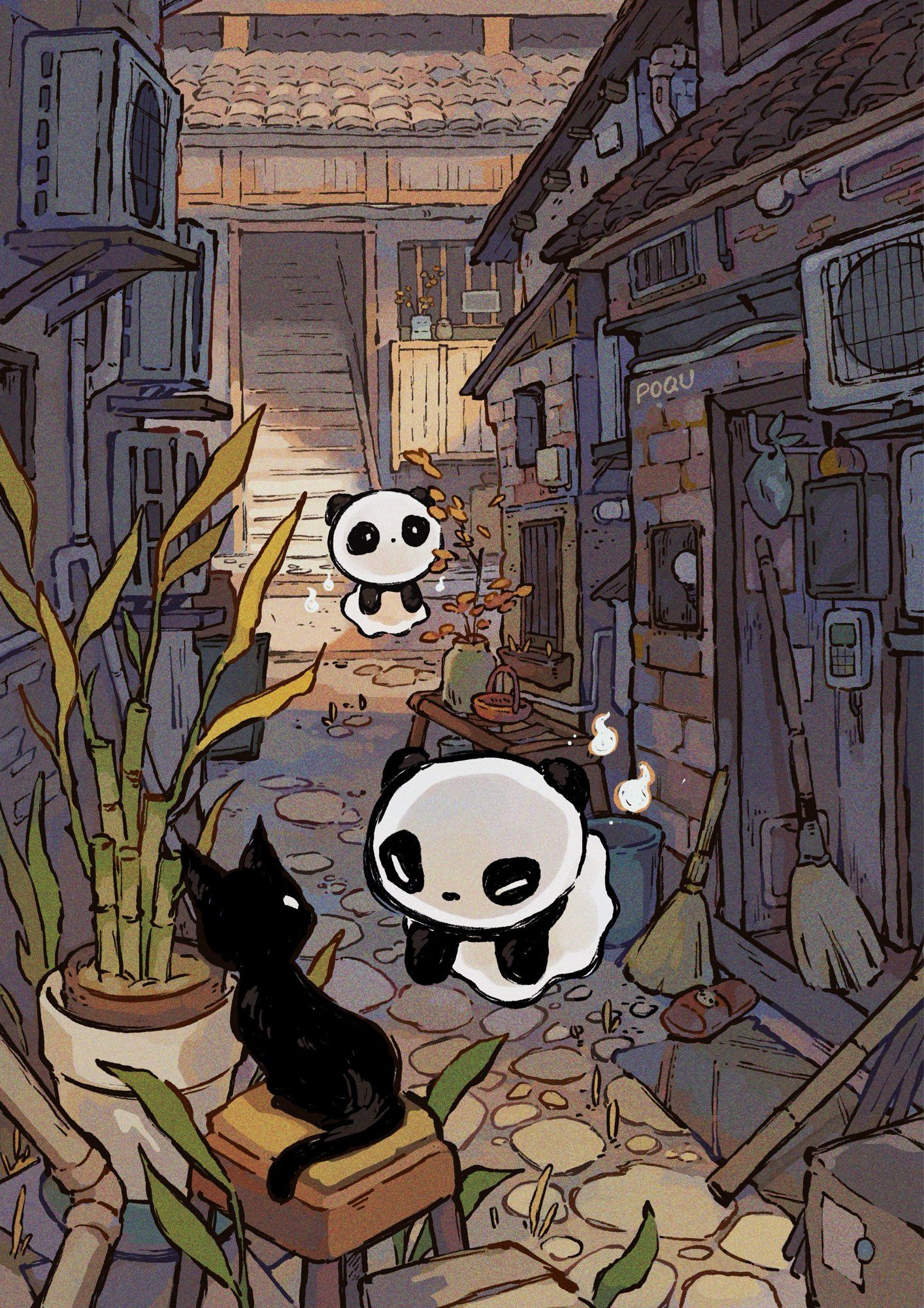 Illustration of two panda ghosts roaming an old abandoned street. The panda in front is approaching a black cat who is standing by a bamboo plant. There are objects like brooms and buckets littered about.