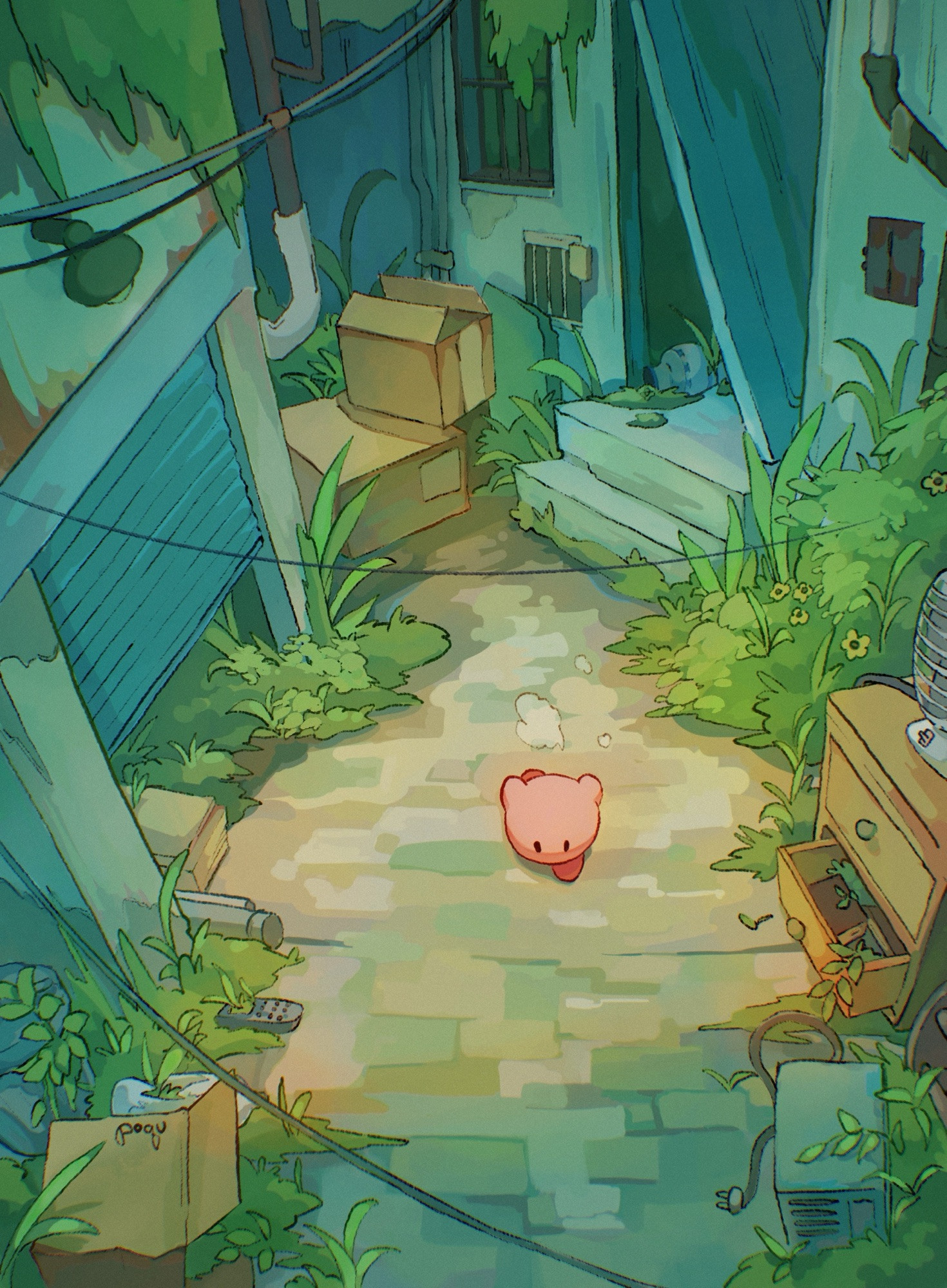 Illustration of kirby running down an abandoned overgrown alleyway. The buildings on the sides look broken down. There are some furniture and appliances lying around, along with lots of plants growing around.