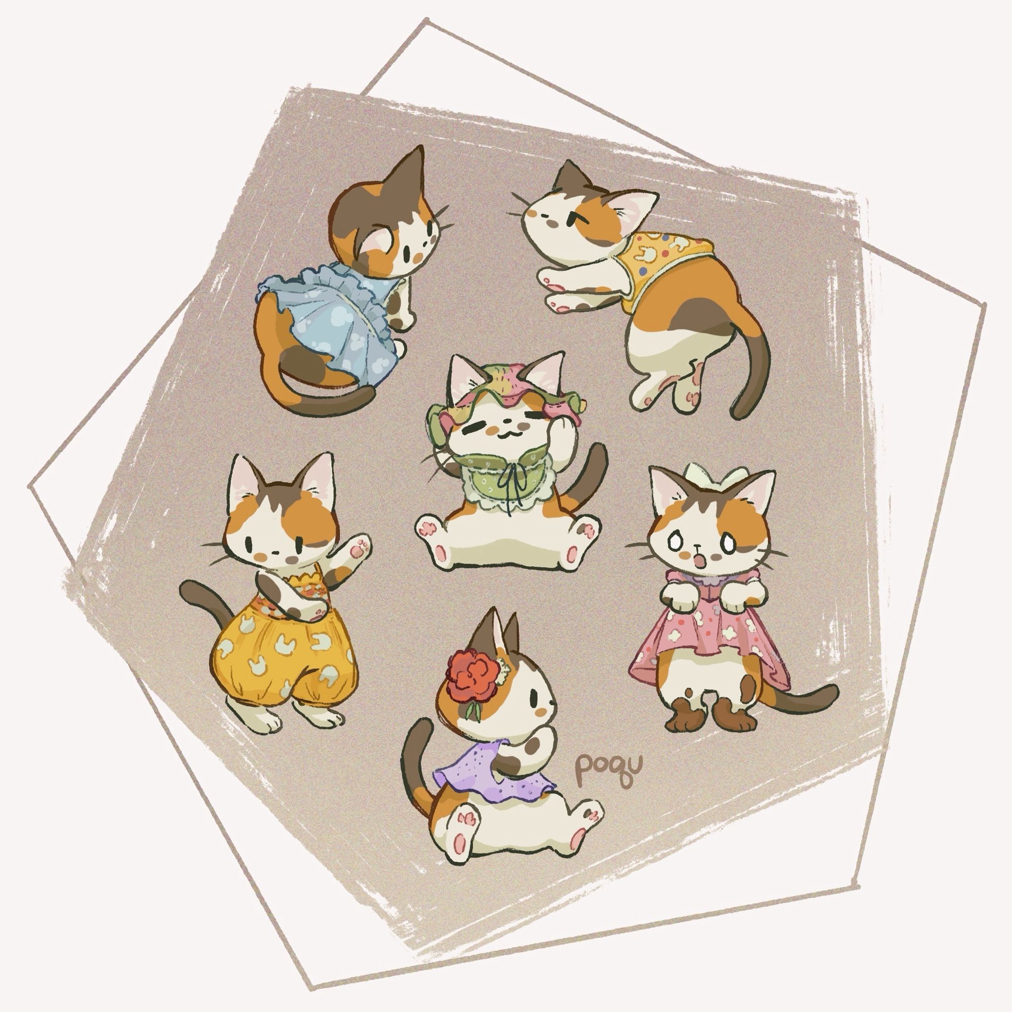 Drawings of a calico cat in 6 different outfits