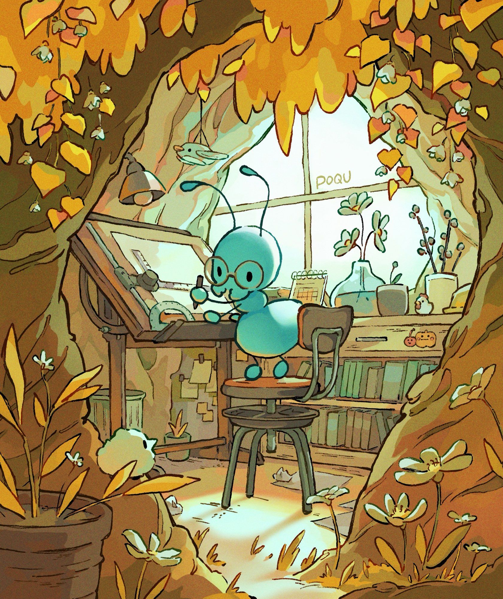 Illustration of an anthropomorphic ant at a drafting table. The room has tree like walls with golden leaves. There is a short bookshelf against a wall, potted plants around the room, and a small white round bird in one corner (smaller than the ant).