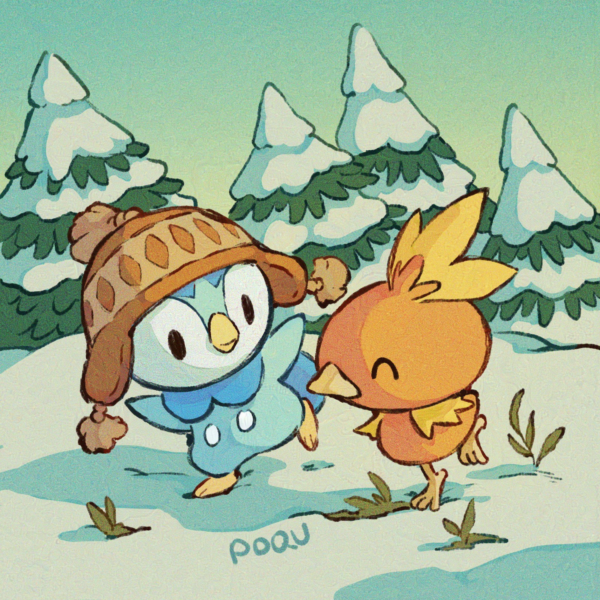 Illustration of piplup and torchic running on the snow with snow topped trees in the back. Piplup is wearing a brown winter hat.