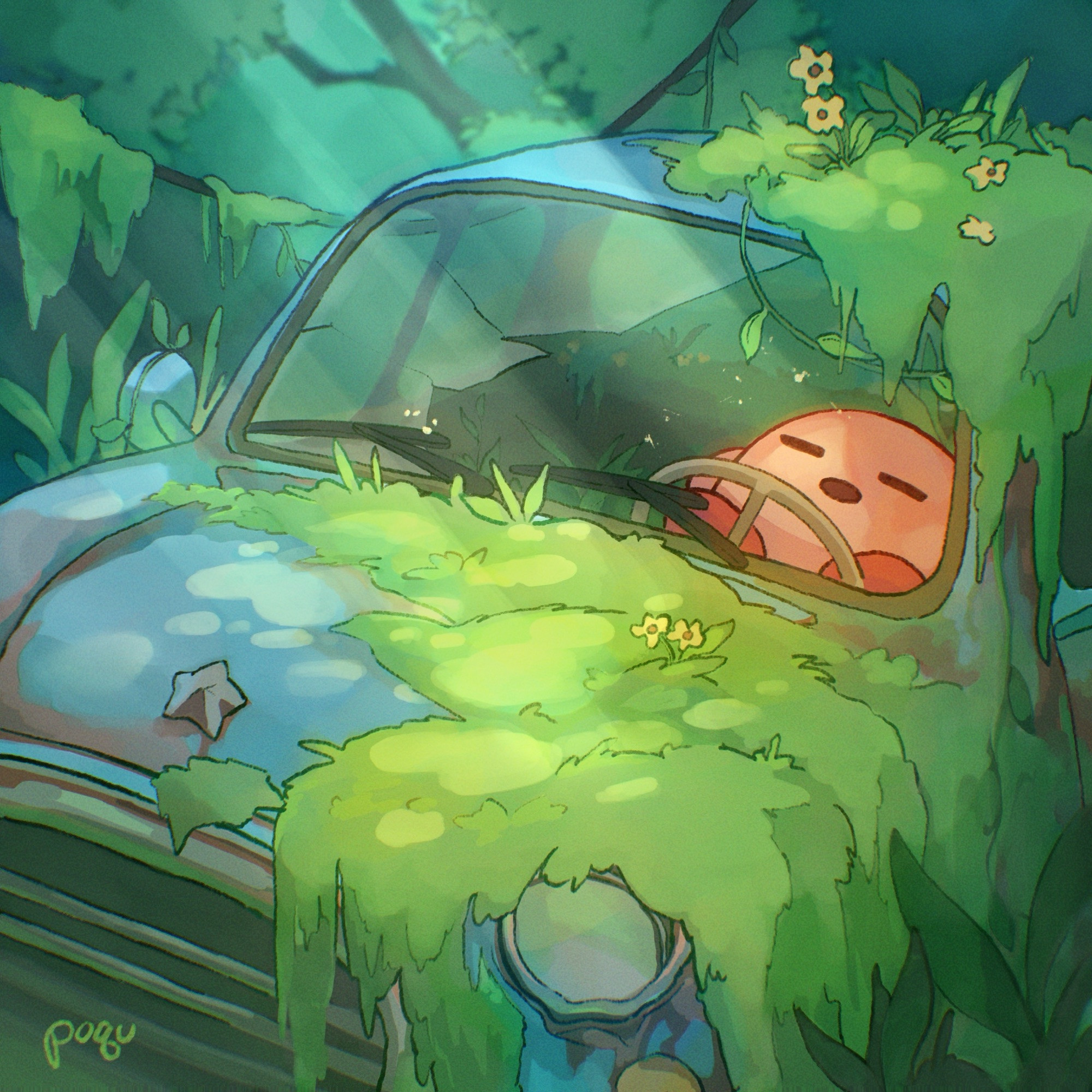 illustration of kirby napping in the front seat of an abandoned blue car. There’s overgrown greenery all around the car and background.