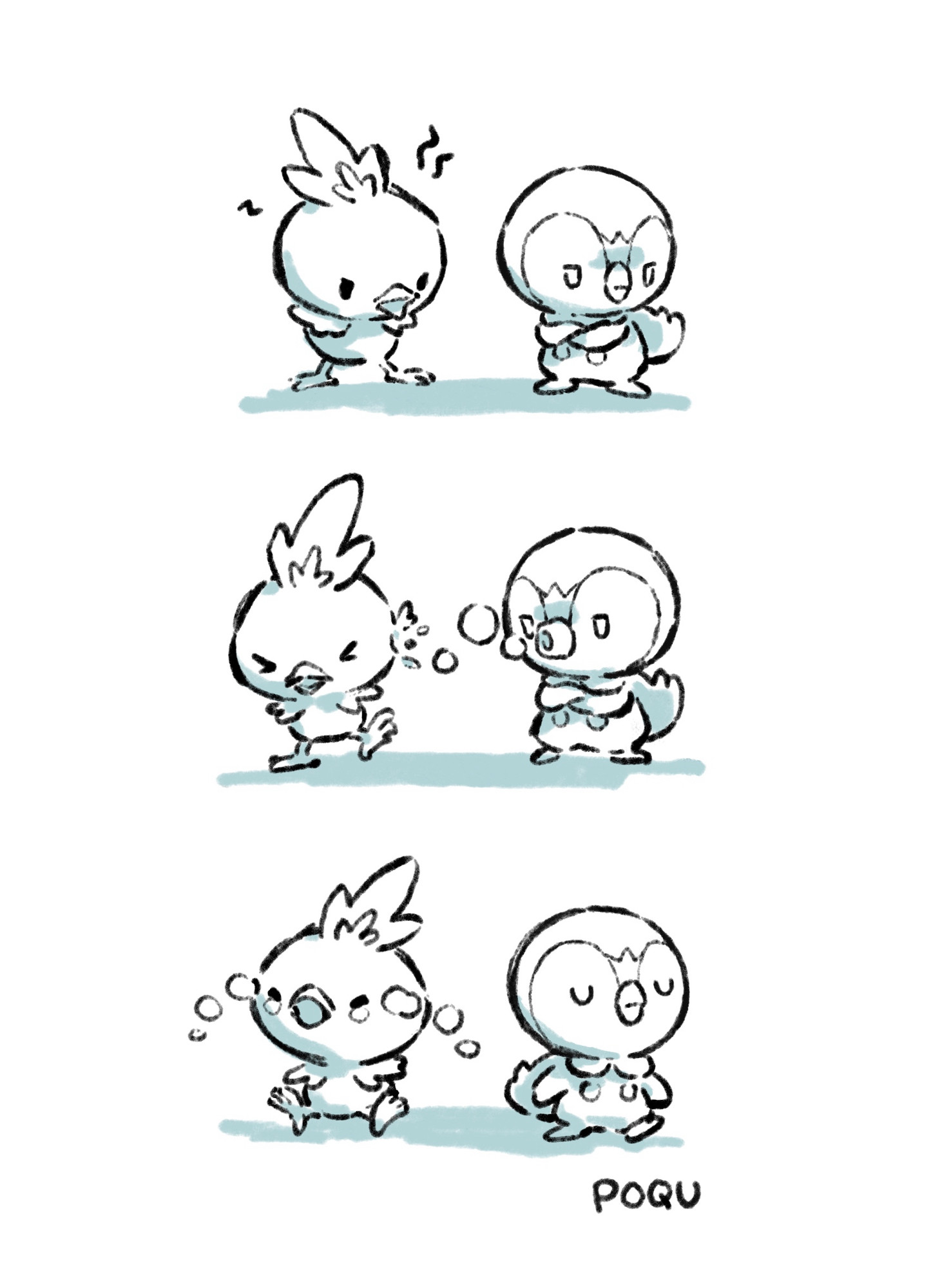 3 small line drawings of piplup and torchic. 1: torchic is angrily complaining at piplup while piplup is turning his head away, annoyed. 2: piplup blows a few bubbles at torchic, hitting him. 3: torchic is crying on the ground while piplup walks away gracefully, eyes closed, like “hmpf”